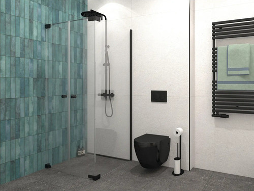 Jungborn Duschtür mit Seitenwand SETTE Pendeltür links Seitenwand rechts 100 x 75 x 200 cm Profilfarbe schwarz Klarglas