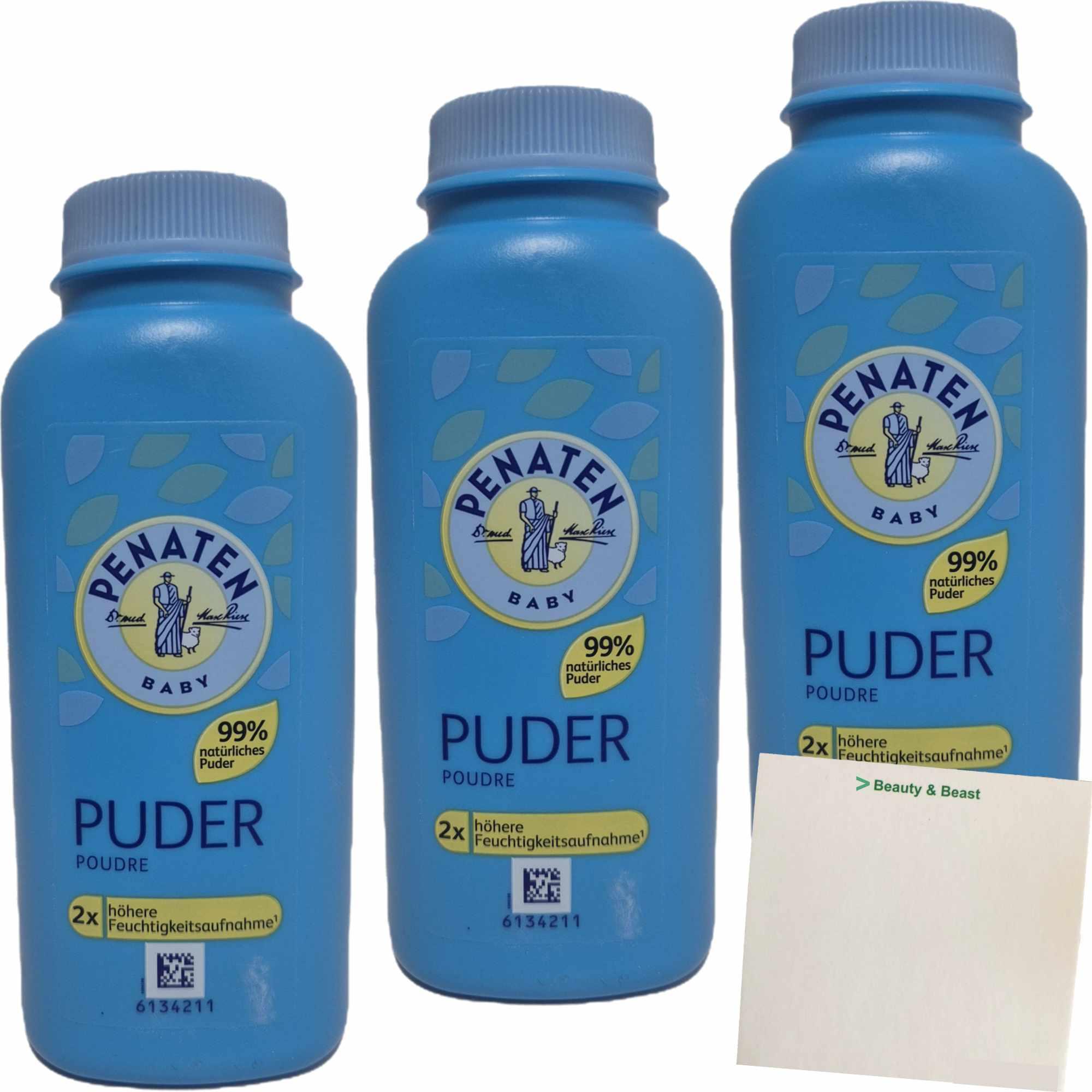 Penaten Puder auf Basis von Maisstärke mit Aloe und Vitamin E 3er Pack (3x100g Flasche) + usy Block