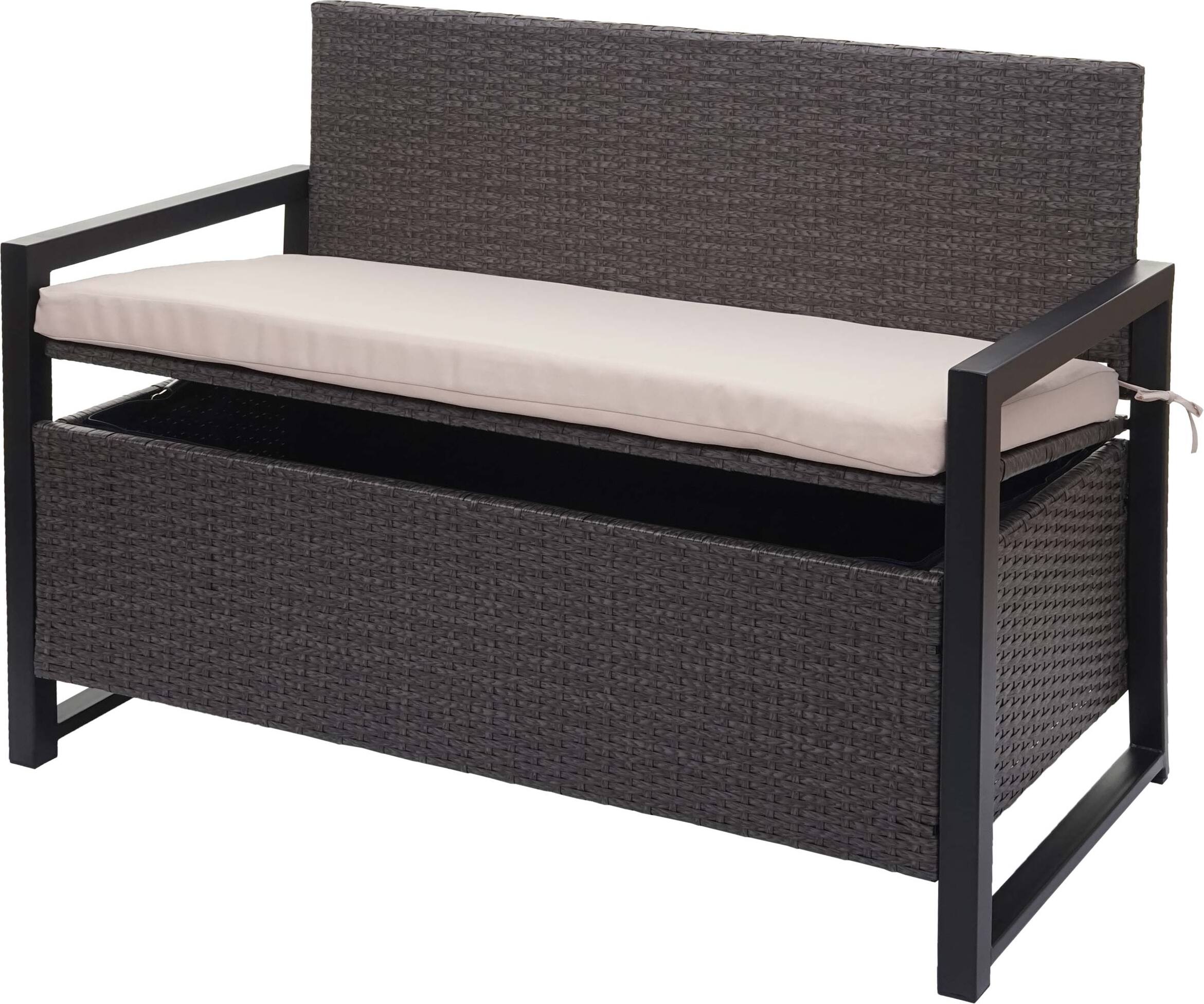 Polyratanová 2-miestna lavica HWC-F39, záhradná lavica lavica s truhlicou, úložný priestor vankúš na sedenie ~ sivá, vankúše béžová