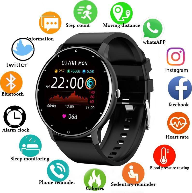 Inteligentné hodinky s plným dotykovým displejom športové fitness hodinky Ip67 vodotesné Bluetooth pre Android Ios muži žena Smartwatche, čierna,
