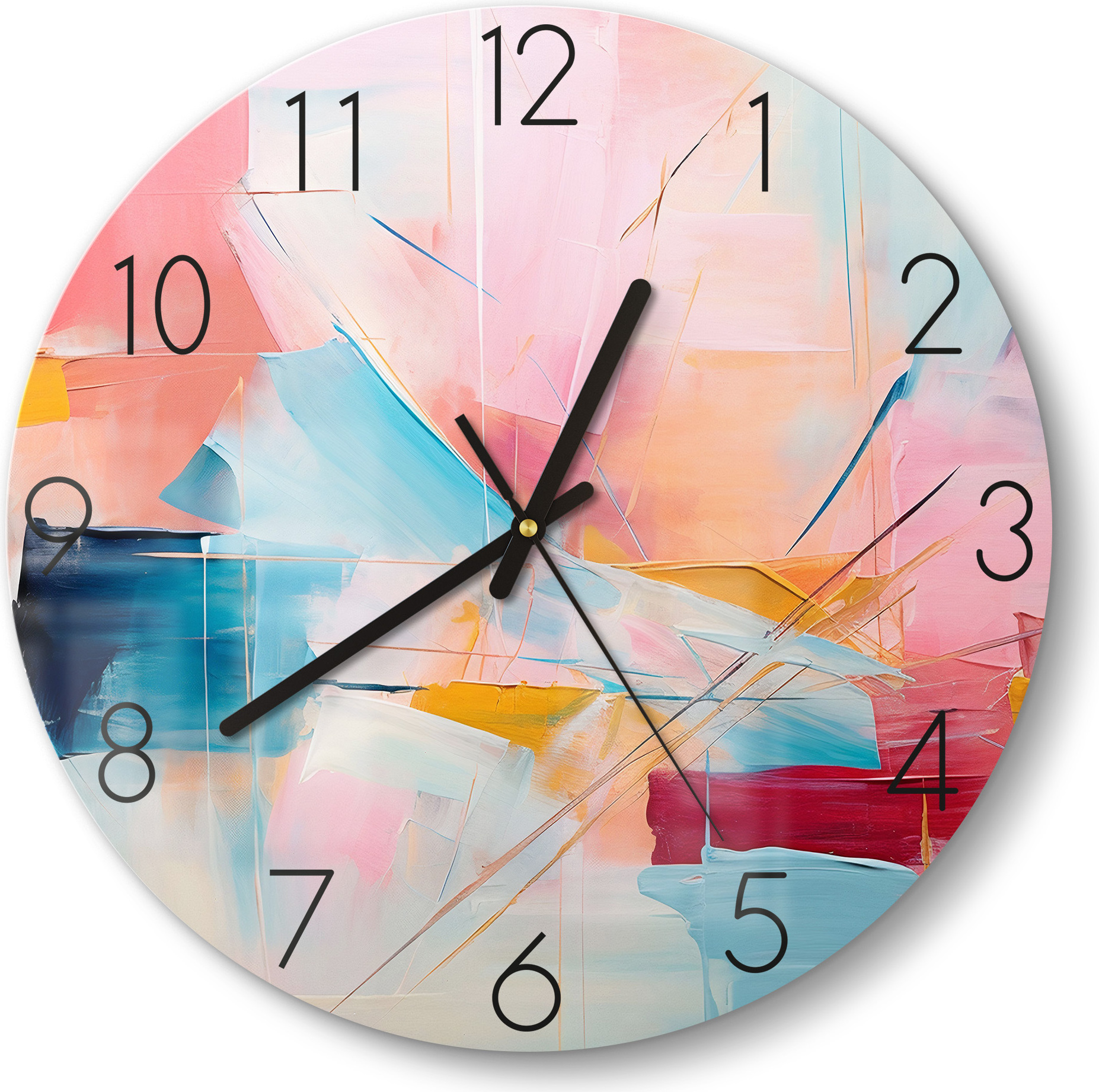 DEQORI Glasuhr Ø30 cm Zahlen 'Choreografie der Farben' Wanduhr Glas Uhr Design leise Küchenuhr WC-D30-N-3726