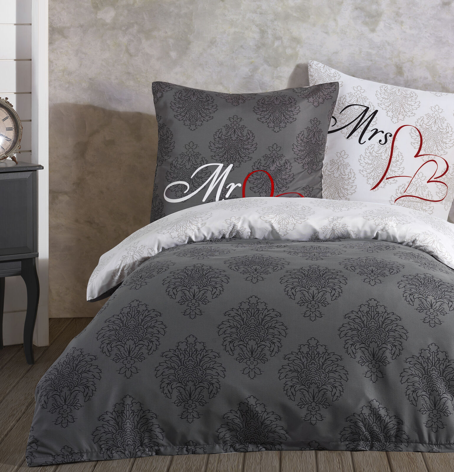 leonado vicenti Partner Bettwäsche Mr & Mrs 135x200 155x220 Bettbezug Bezug Anthrazit Weiß 4 tlg, Maße:135 x 200, Anzahl an Teilen:4-teilig / Mr. & Mrs. Mikr. Mr. & Mrs. 135 - 4 tlg