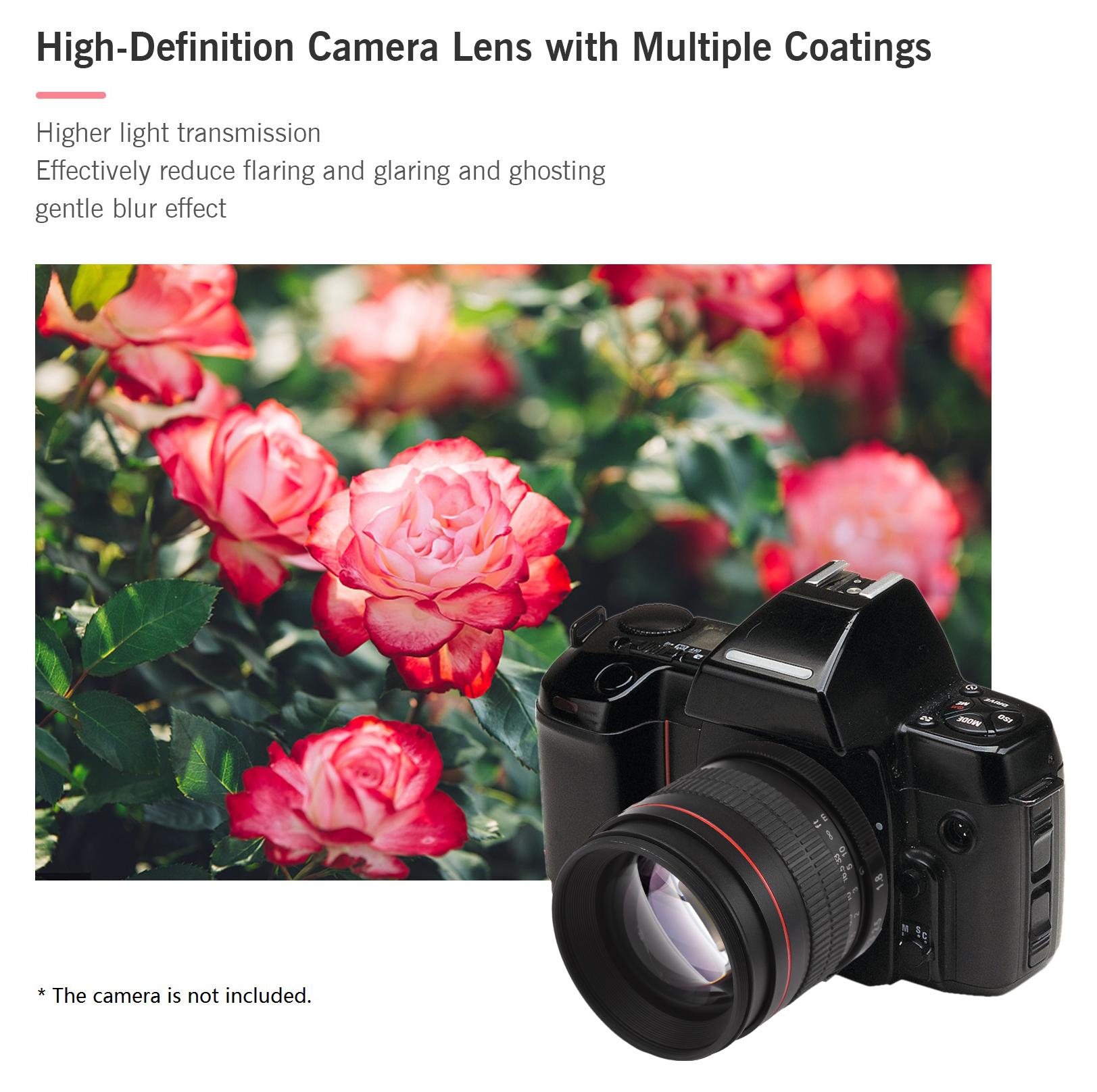 85 mm objektív s pevným ohniskom F1,8 s veľkou clonou a manuálnym zaostrovaním s bajonetom EF 7 skupín 10 prvkov Kompatibilný s fotoaparátmi Canon EOS Rebel T8i T7i T6 T3i T2i