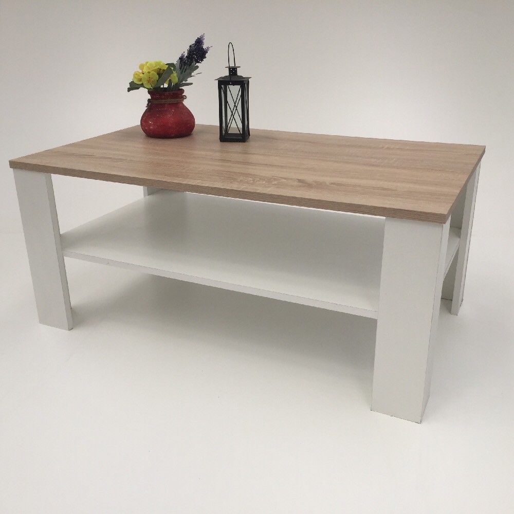 Möbel SD Couchtisch Bea Sonoma Eiche hell Sägerau - Weiß mit Echtholz Optik Kante 100x54x 43,5 cm 2210