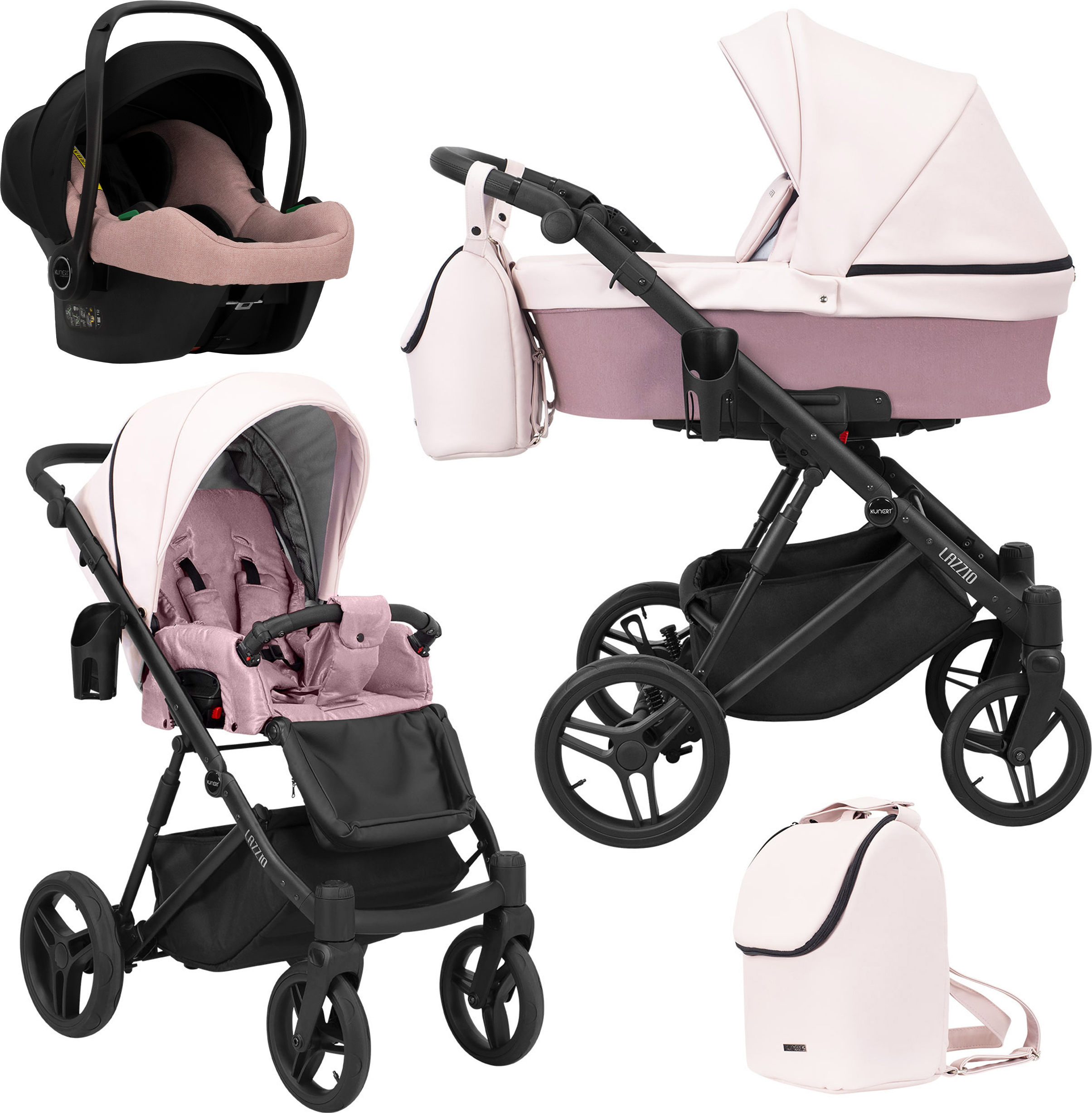Kunert Kinderwagen LAZZIO Sportwagen Babywagen Babyschale Komplettset Kinder Wagen Autositz Set 3 in 1 (LAZ-15, Rahmenfarbe: Schwarz)