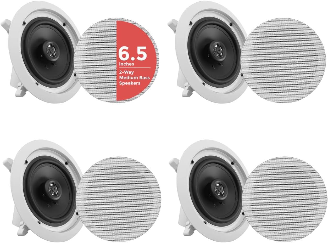 Pyle 16.5cm 4- Deckenlautsprecher, 200W- Einbaulautsprecher, Deckenlautsprecher Bluetooth, 4 Kanal- Verstärker, Wandlautsprecher, 2 Wege Lautsprecher PDICBT266