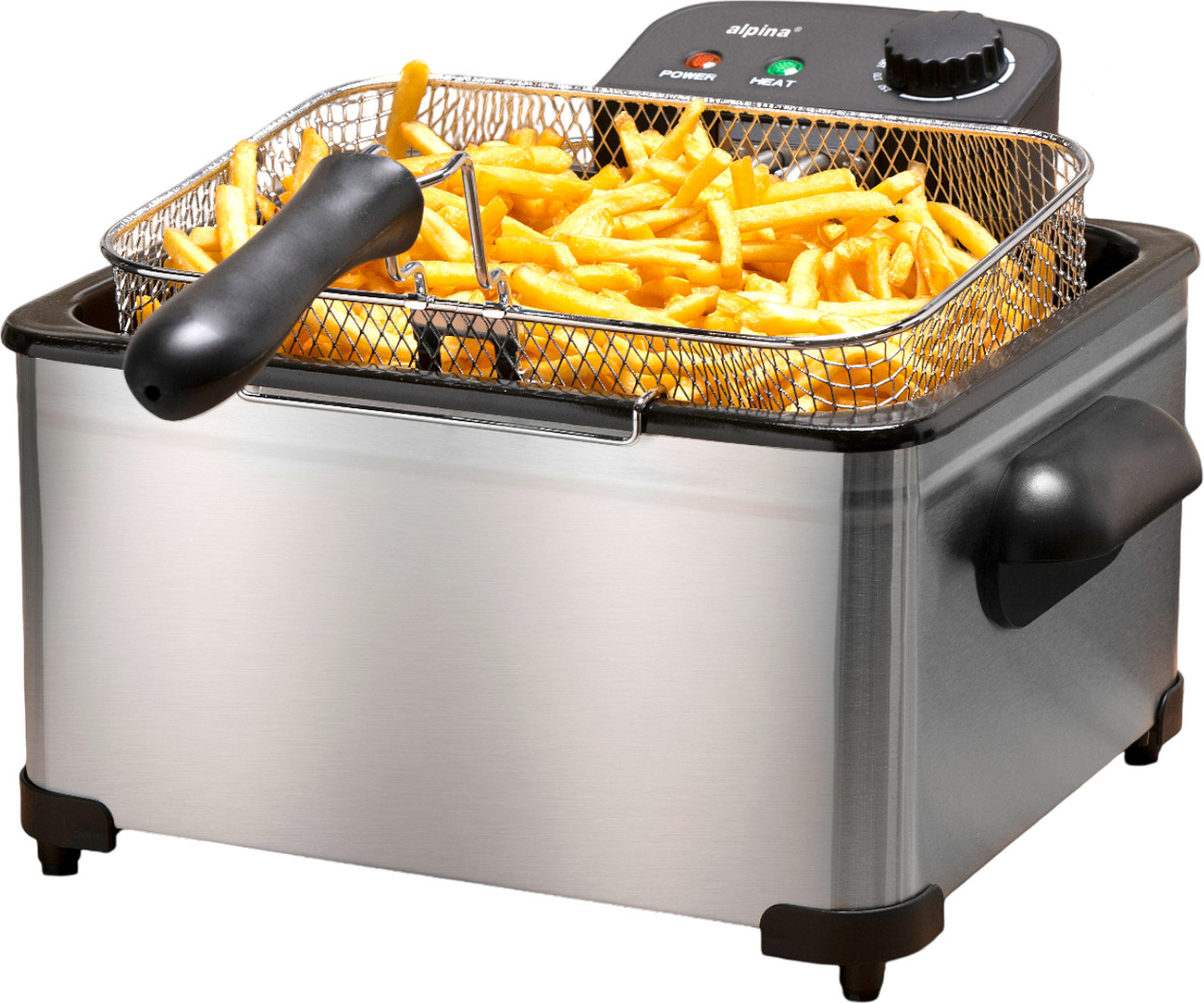 fritéza alpina 5 l - 275 x 215 x 305 mm - 2000 W - Nastaviteľná teplota - Dva fritovacie koše - Farba strieborná