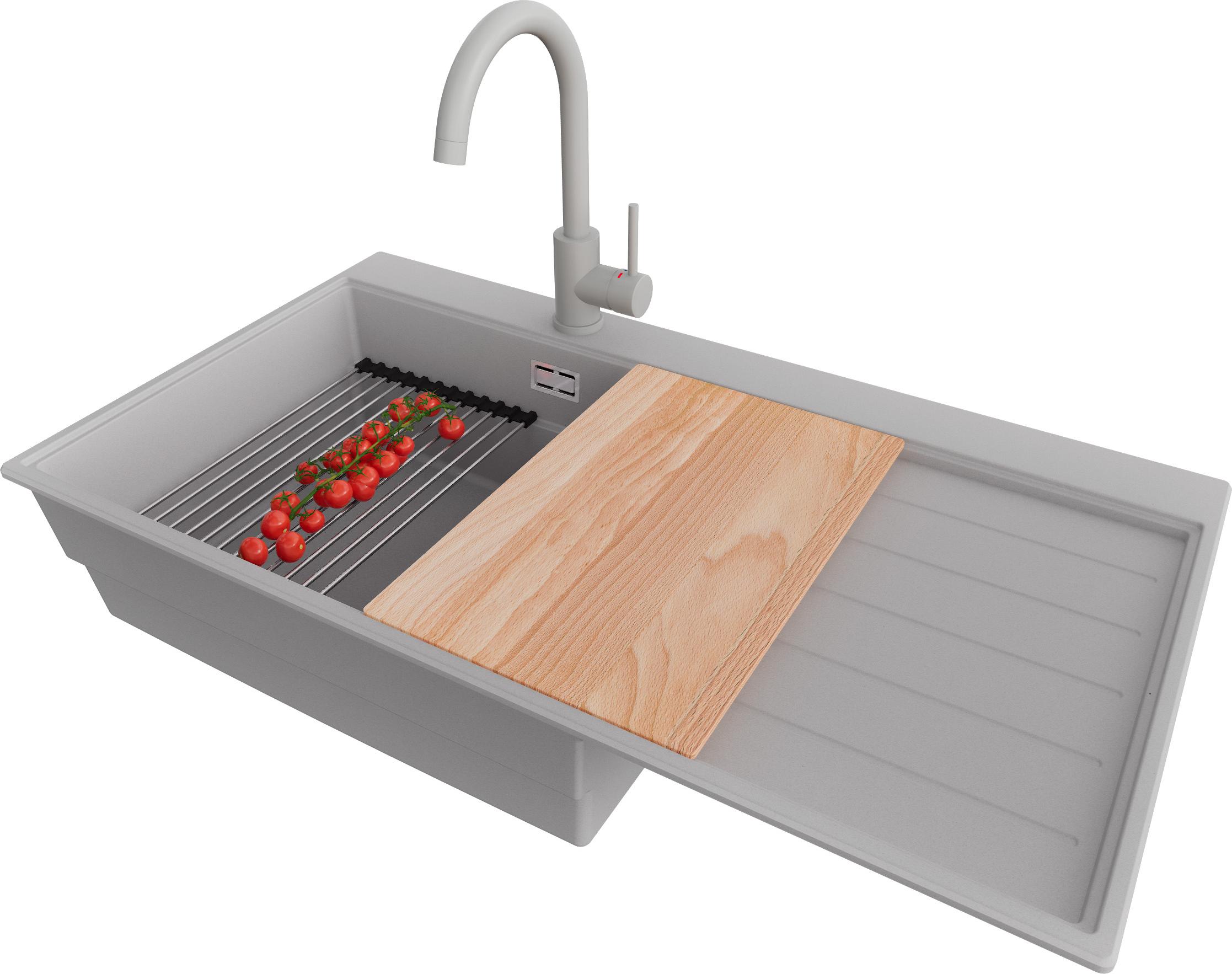 PRIMAGRAN Granitspüle Grau 90x50cm, Spülbecken 1 Becken + Küchenarmatur 32x20cm + Ablauf-Set + Küchenzubehörset, Küchenspüle ab 60er Unterschrank - Sydney