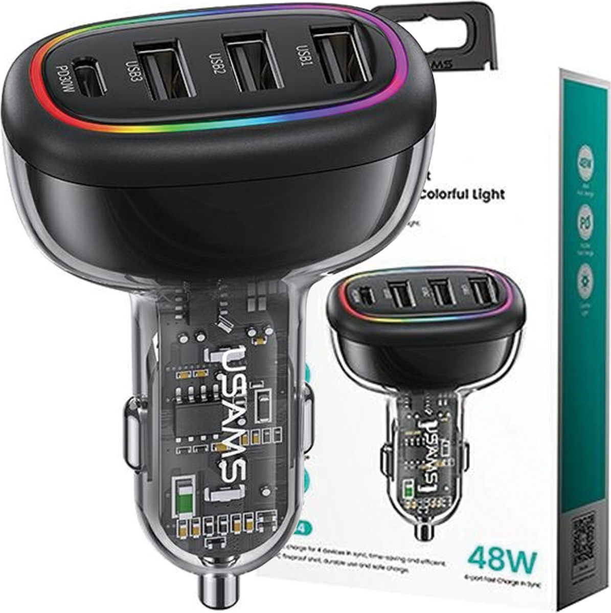 Usams Lad. Sám. 1Xusb-C 3Xusb-A C34 48W 3A+C Pd Fast Charge Čierna/Čierna Cc170Cc01 (Us-Cc170)