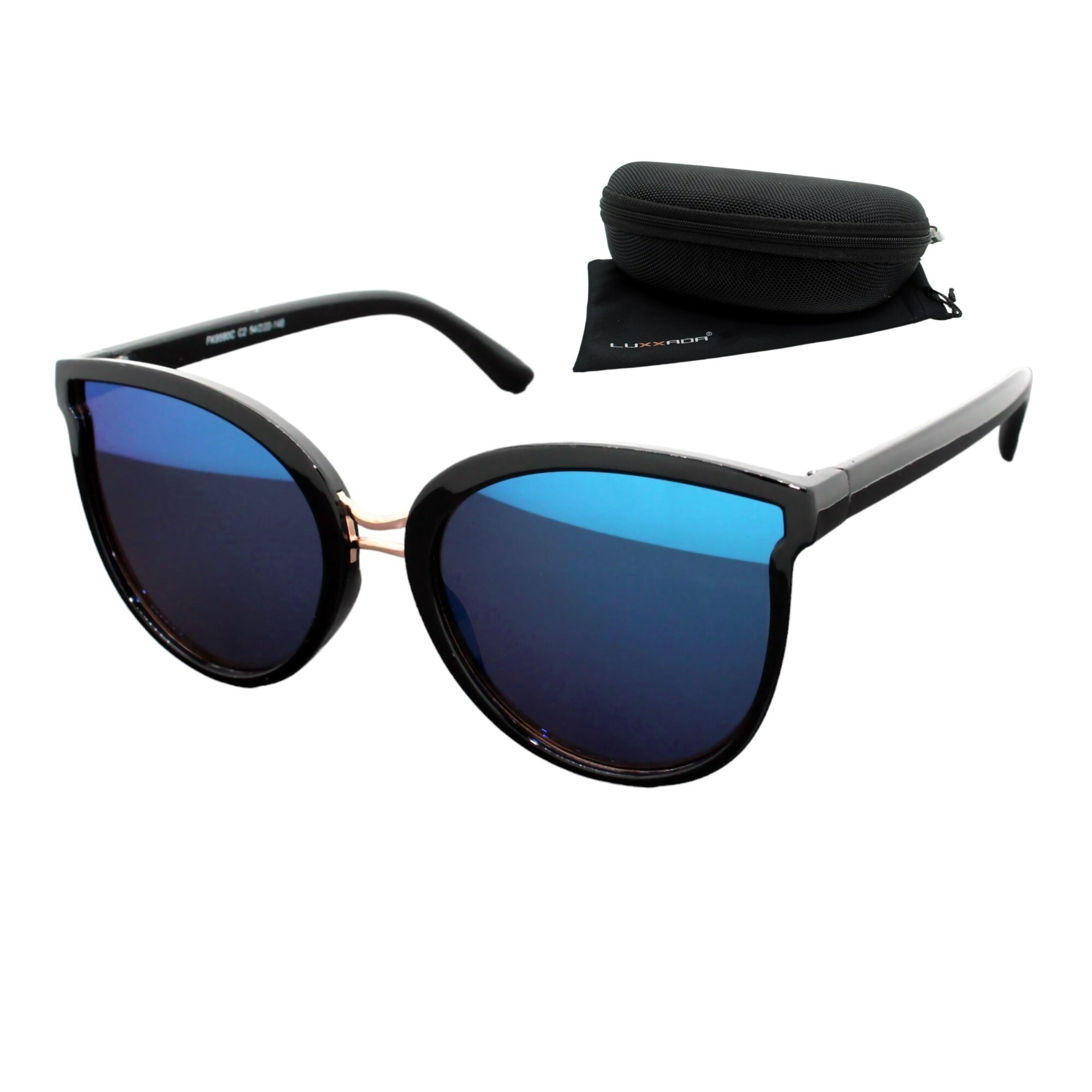 Luxxada Hochwertige Katzenaugen Sonnenbrille Blau Verspiegelte Gläser UV400 Groß Damen Cateye Brille Schwarz Gold Hardcase LX12CT-SW-Blau-BOX