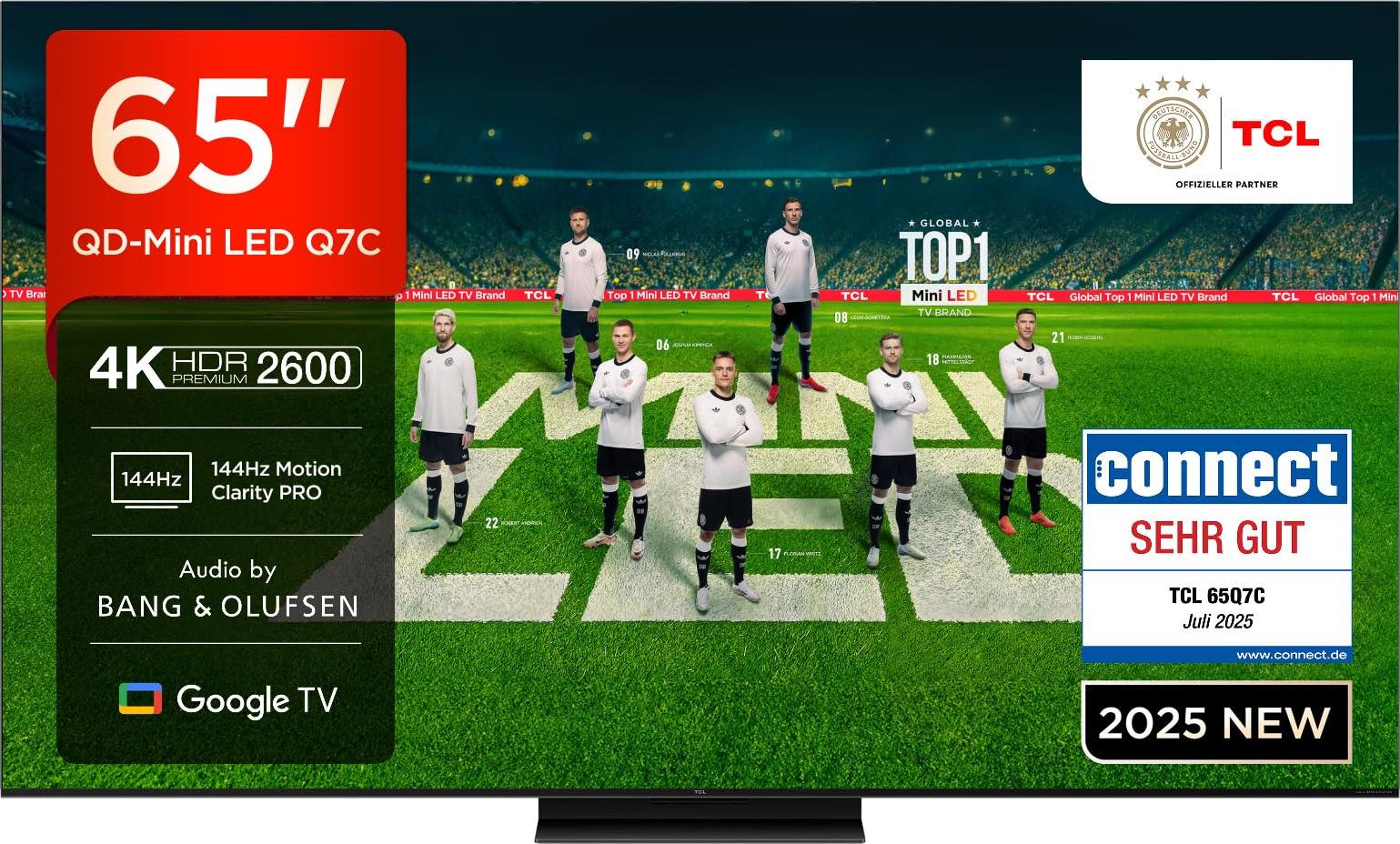 TCL 65Q7C QLED Mini LED Fernseher, 65 Zoll, 4K HDR Premium, Dolby Vision IQ & Atmos, Smart TV mit Google TV, Bang & Olufsen 6.2.2 Sound, 144Hz VRR, AMD FreeSync Premium Pro, HDMI 2.1, AirPlay 2
