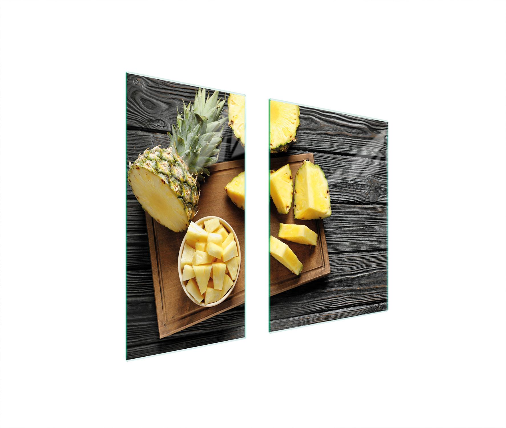 TMK ArtDeko Herdabdeckplatten 2 teilig 75x52 Ceranfeld Abdeckung Glas Schneidebrett Ananas Holz