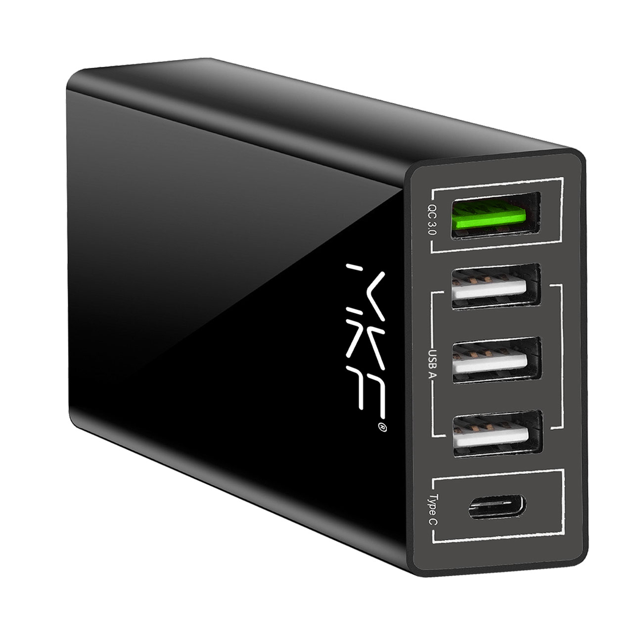 Nabíjačka USB MKF-QC3AC5, 1× USB QC3.0, 3× USB 5 V / 2,4 A, 1× USB C 5 V / 3A, viacnásobné nabíjanie, čierna