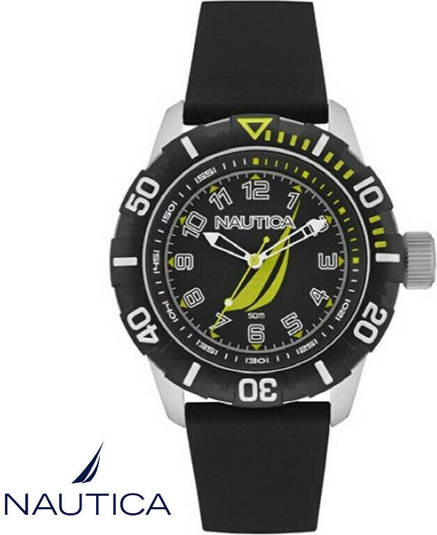 Nautica NAI08513G NSR 100 silver black silicone strap watch men NEW