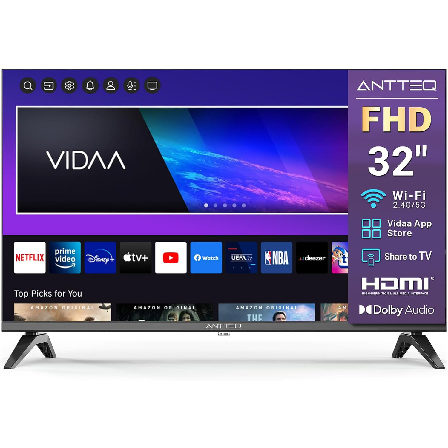 Antteq L32-AVF3.N1 Full HD Fernseher 32 Zoll (81 cm) Smart TV - Triple Tuner(DVB-T2/S2/C) - App Store - Netflix, Prime Video, DAZN - WiFi - Hotelmodus