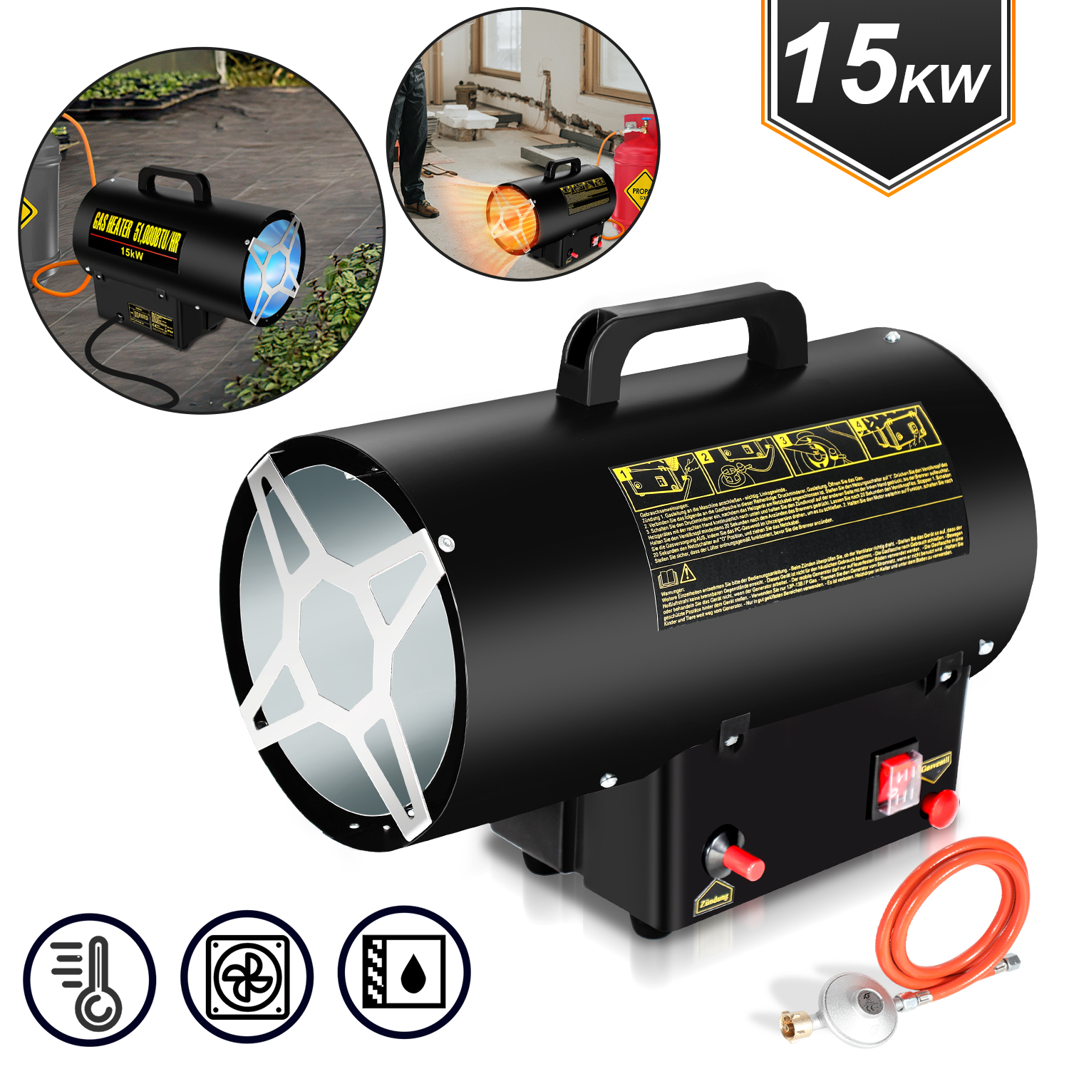 Jayseuw plynový ohrievač ohrievač ventilátora plynový ohrievač ohrievač ventilátora plynový ohrievač manuálne zapaľovanie plynová pištoľ 15000W pre 225㎡ dielne, cestné mosty, železničné letiská údržba strojov