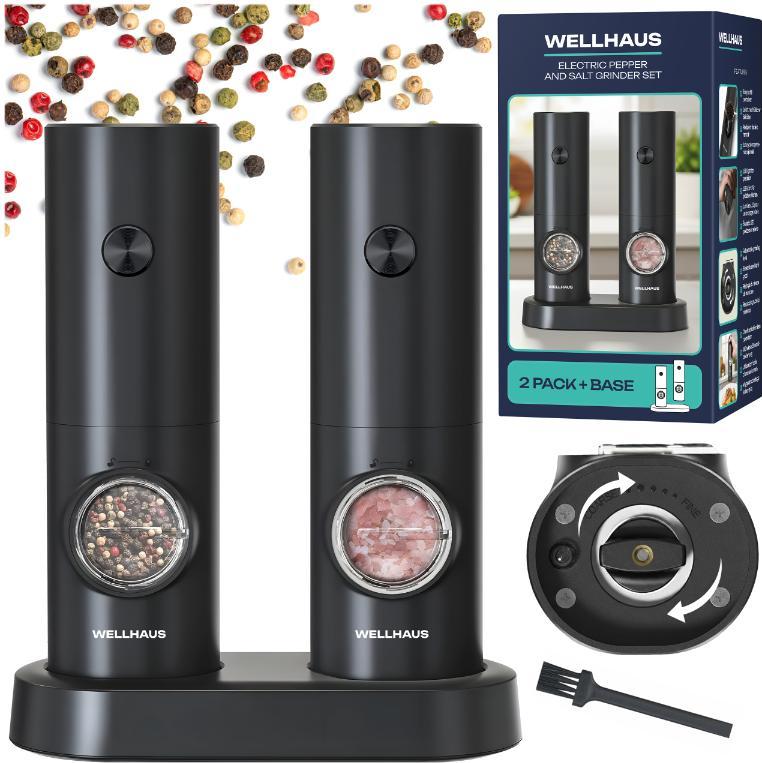 WELLHAUS Salz und Pfeffermühle Elektrisch - 2er Set Batteriebetriebenen Elektrische Mühle mit Basis Gewürzmühle & Salzmühle Elektrische Mühlen, 2 Stück BL