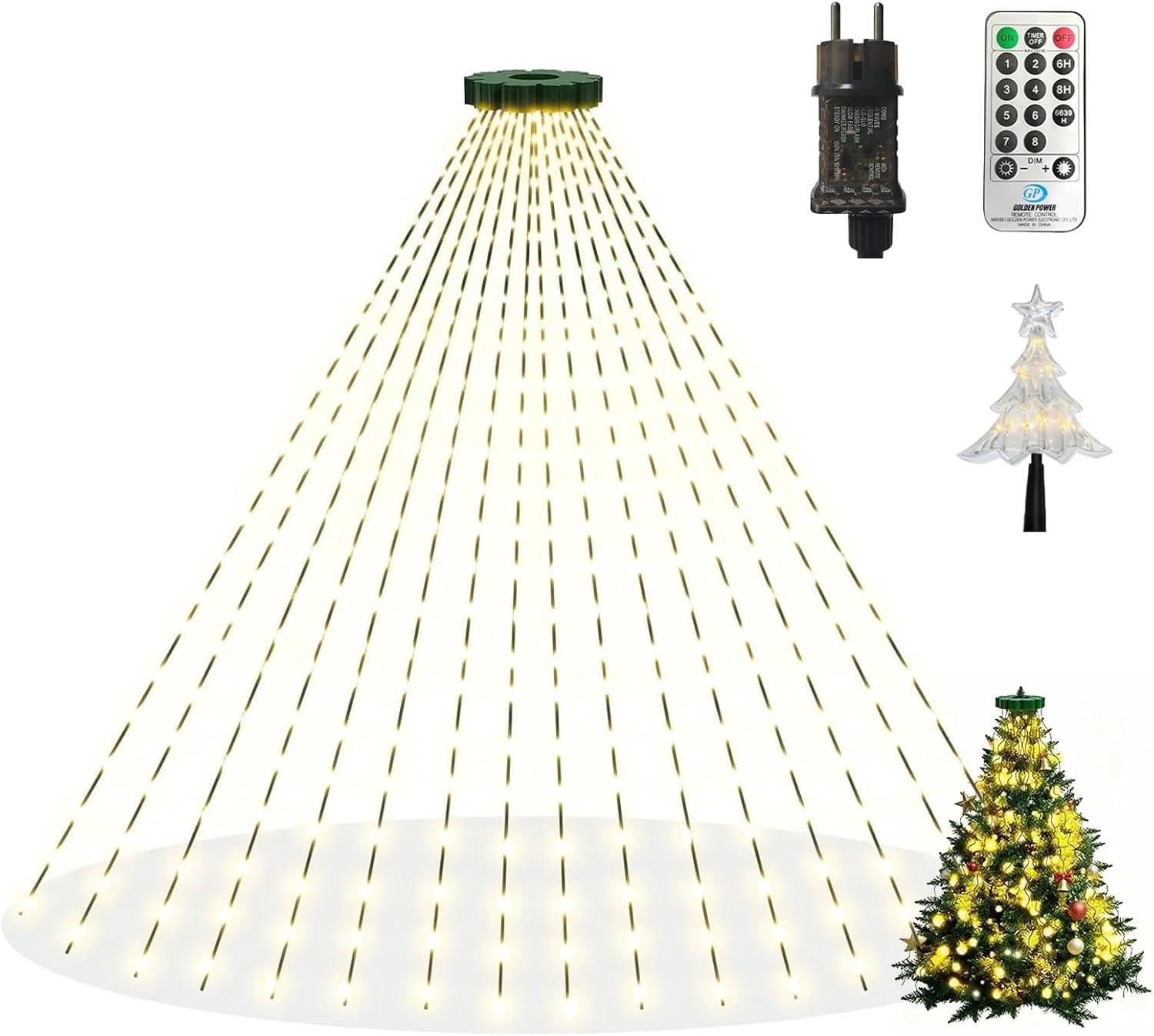 Nikcorp LED Weihnachtsbaumbeleuchtung Stern und Ring 300 LEDs 8 Modi 2m Weiß