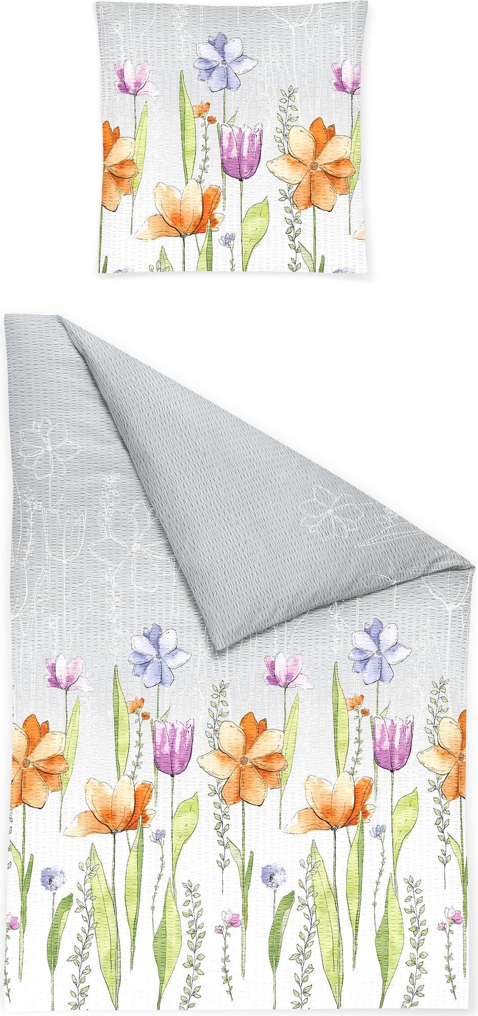 JACK by Bierbaum Seersucker Bettwäsche 135x200cm 2 tlg. Blumenmalerei Grau Bunt 461370 - Blumenmalerei