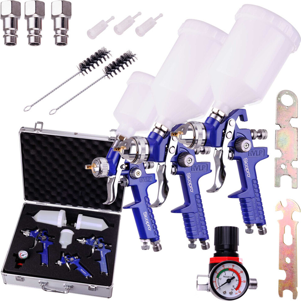 Lackierpistolen-Set im Alu-Koffer mit 3 Lackierpistolen 0,8, 1,4, 1,7 mm SICOPRO AL827-2000P HVLP