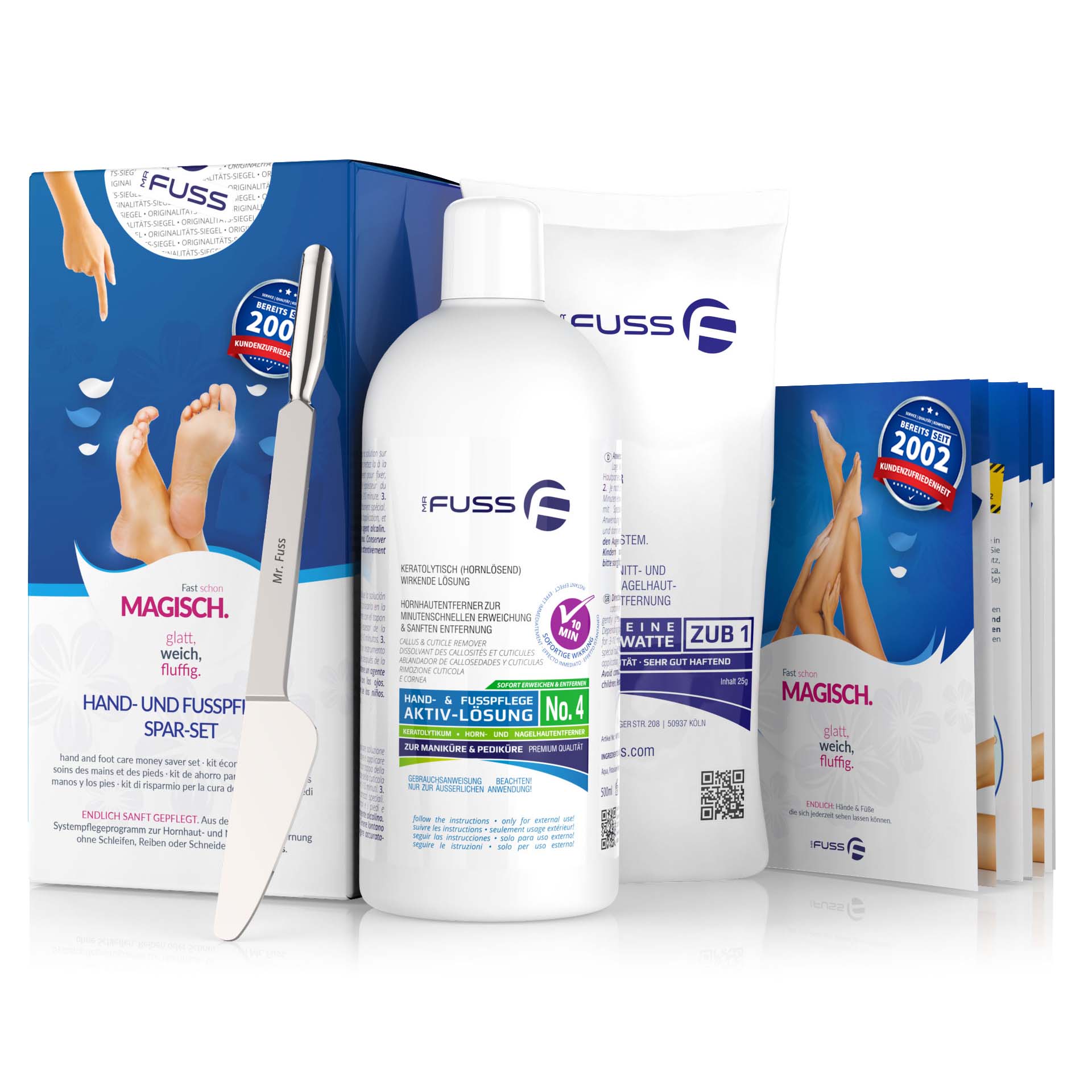 Mr. Fuss No. 1 Plus Pack Hornhautentferner Set - 200 Ml Lösung, Schaber & Watte | Schnell & Sanft