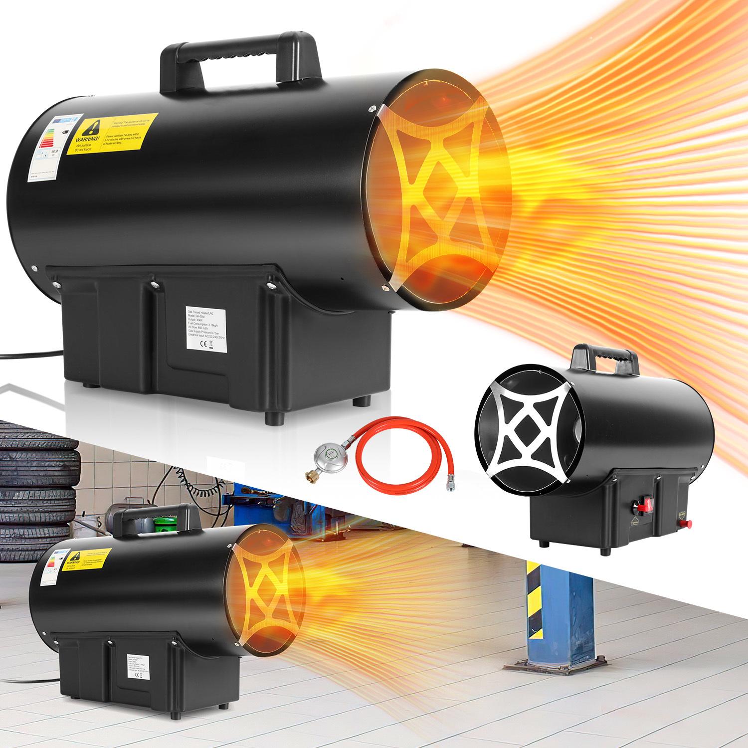 Jayseuw plynový ohrievač ventilátor 30 kW priamy, plynová vykurovacia pištoľ, prietok vzduchu 650 m³/h, plynový ohrievač s hadicou, redukcia tlaku, pre plynovú fľašu na propán/bután