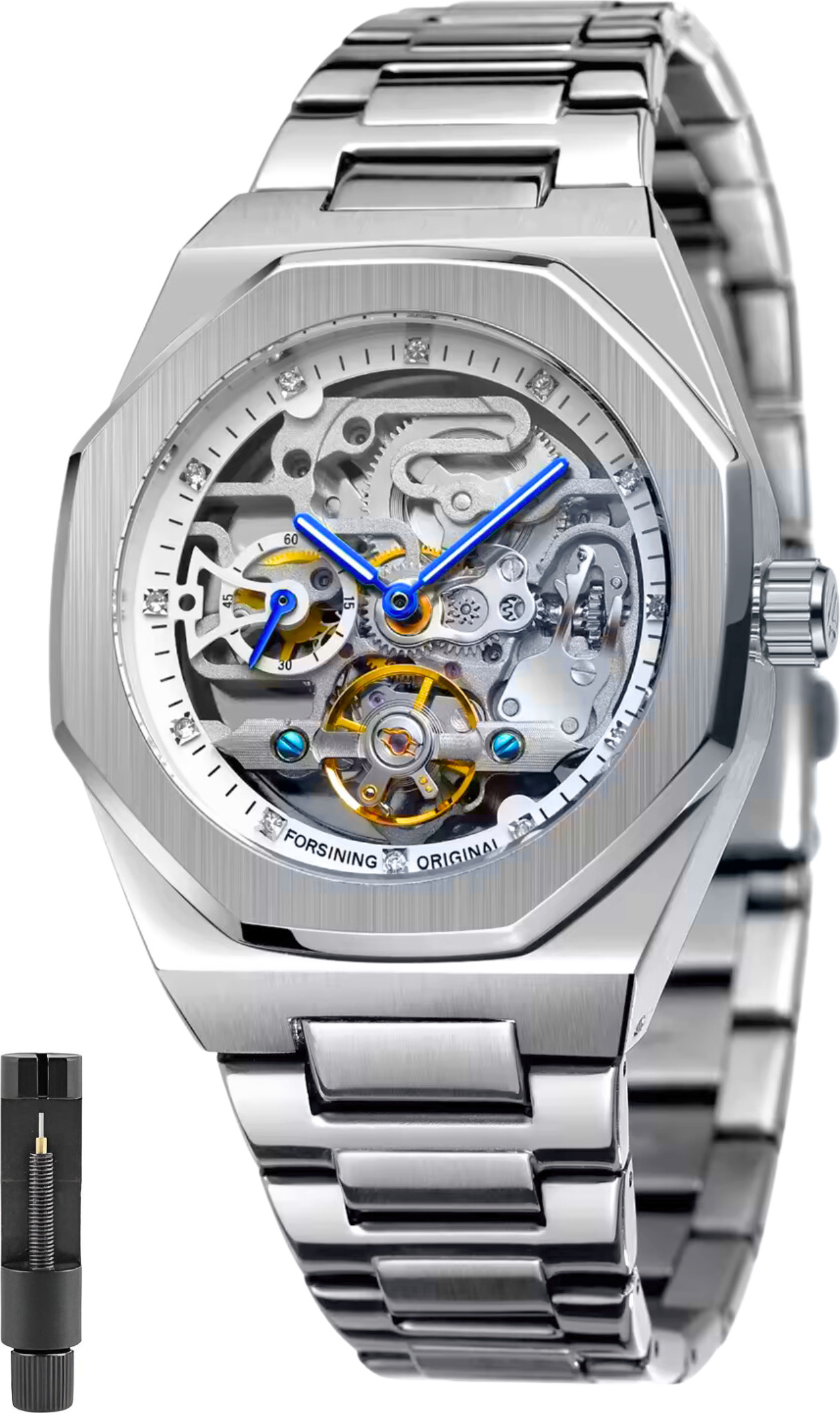 Automatické hodinky Mechanické pánske hodinky Skeleton Pánske hodinky z nehrdzavejúcej ocele Osemhranné vodotesné