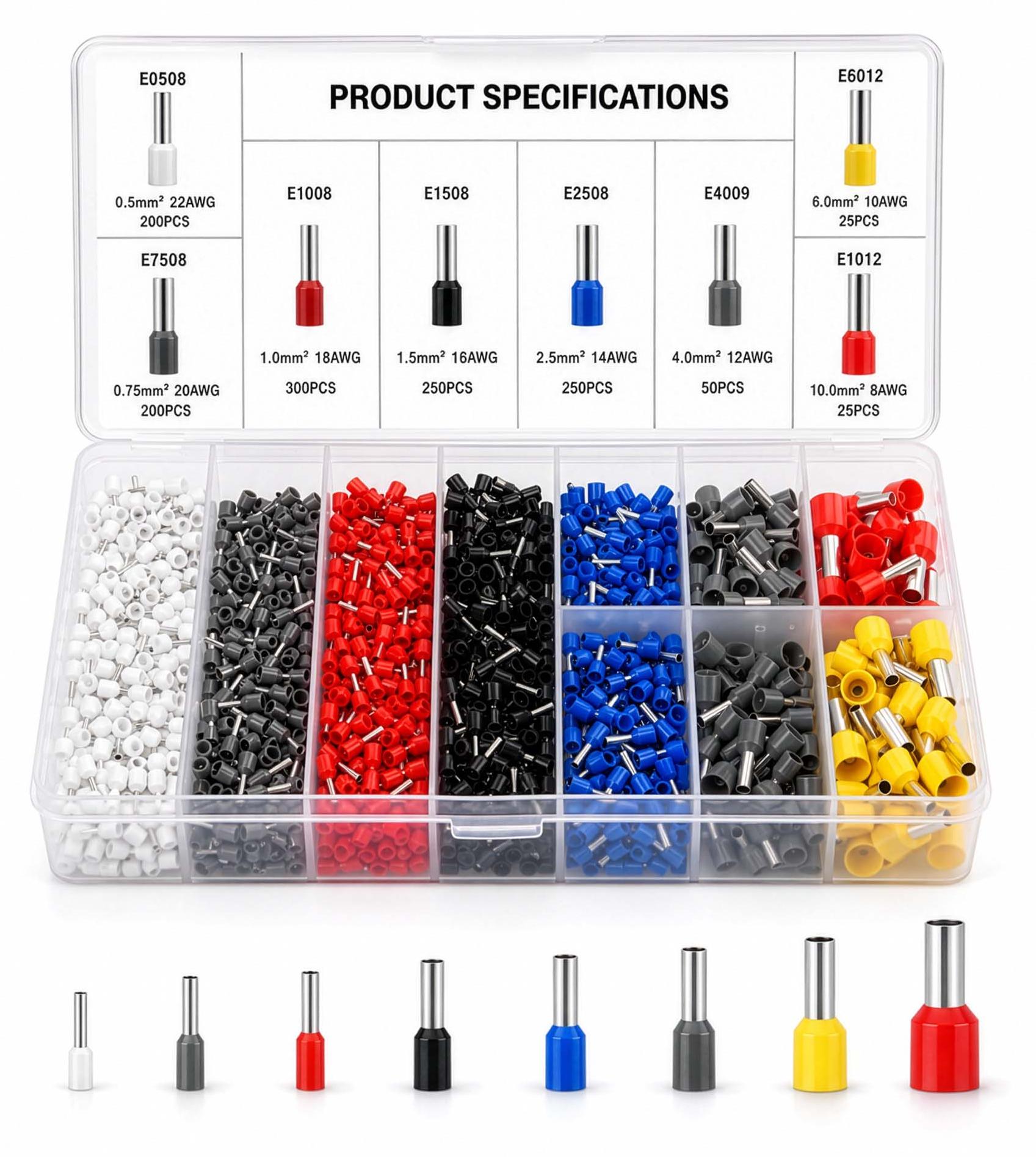 Wiltec Aderendhülsen Set 1300-tlg. 0,5-10 mm² isolierte Kabelendhülsen, Isolierhülsen für Drahtverbindung, Single- und Zwillings-Aderendhülsen 65944