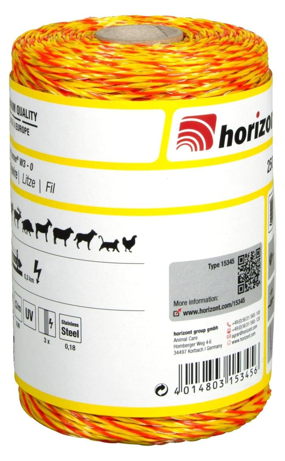 horizont Weidezaunlitze farmer® W3-O | 250 m | 3 x 0,18 mm farmer® - Unsere Allrounder-Serie der Weidehaltung. Das Leitermaterial eignet sich optimal für ruhige Weidetiere, die unter normalen Einsatzbedingungen gehalten werden. 141991