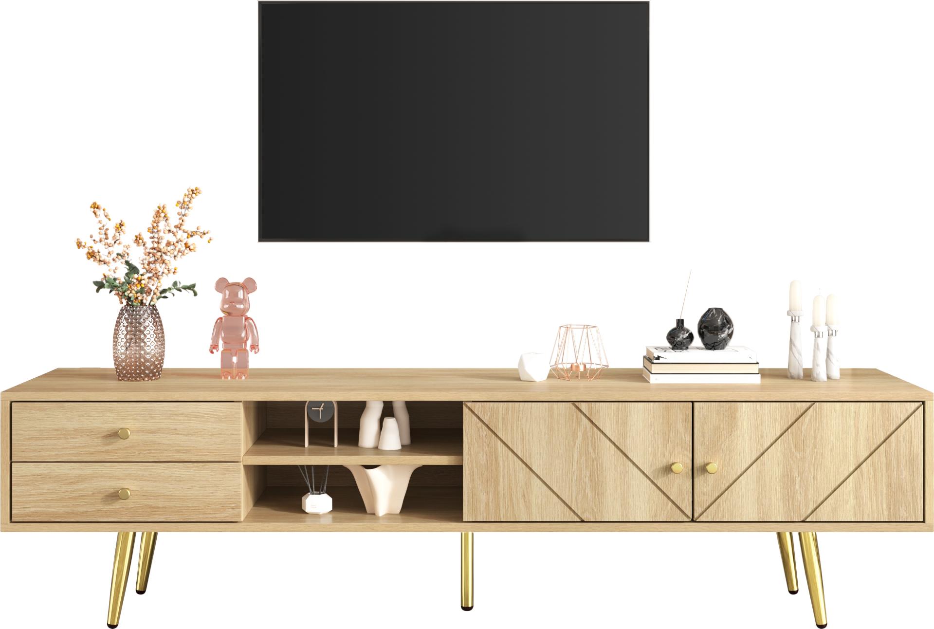 Sweiko TV-Schrank 160 cm mit Goldfüßen, Zwei Schubladen und Einzigartig Gestalteten Türen