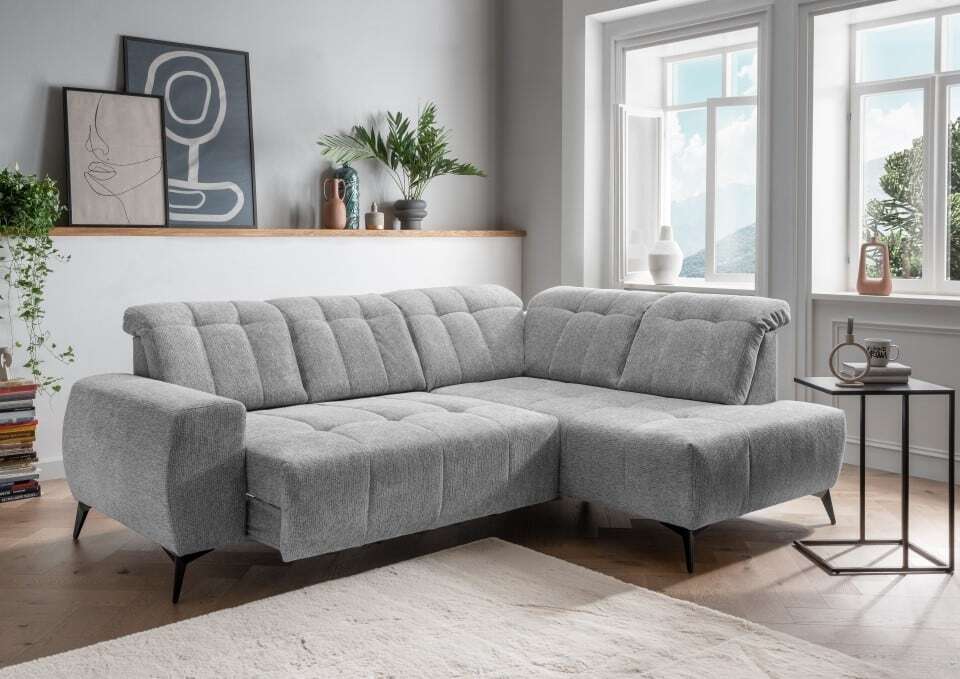 Ecksofa Sano Benformato 261 x 200 cm | Corto-Stoff mit Elektrofunktion & verstellbaren Kopflehnen | Ausrichtung: Vorstehend rechts, Farbe: Hellgrau
