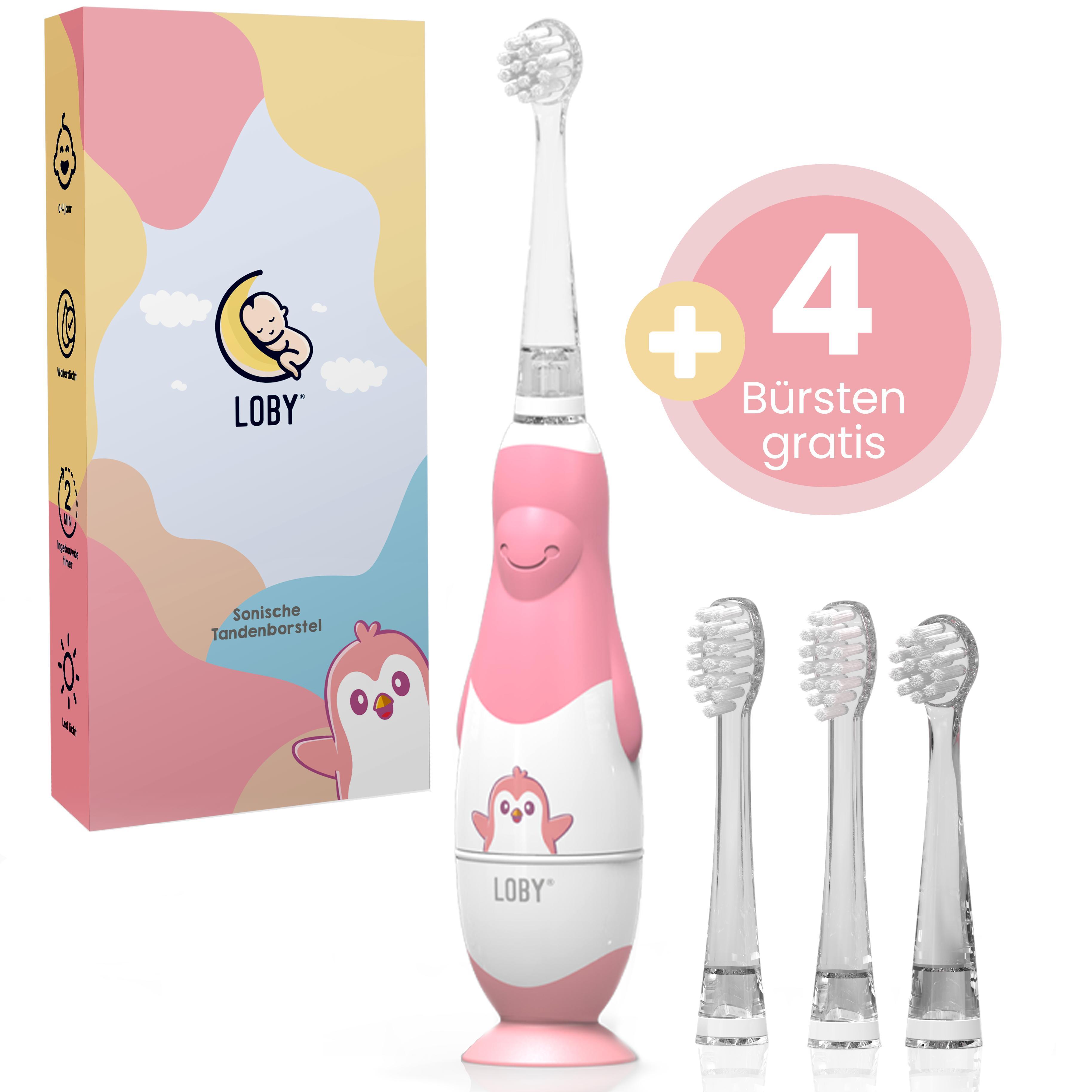 Loby Elektrische Zahnbürste Kinder Baby Kinderzahnbürste Elektrisch ab 0-4 Jahre mit LED Licht Smart Timer Schall Babyzahnbürste Wasserdicht Rosa LB-01