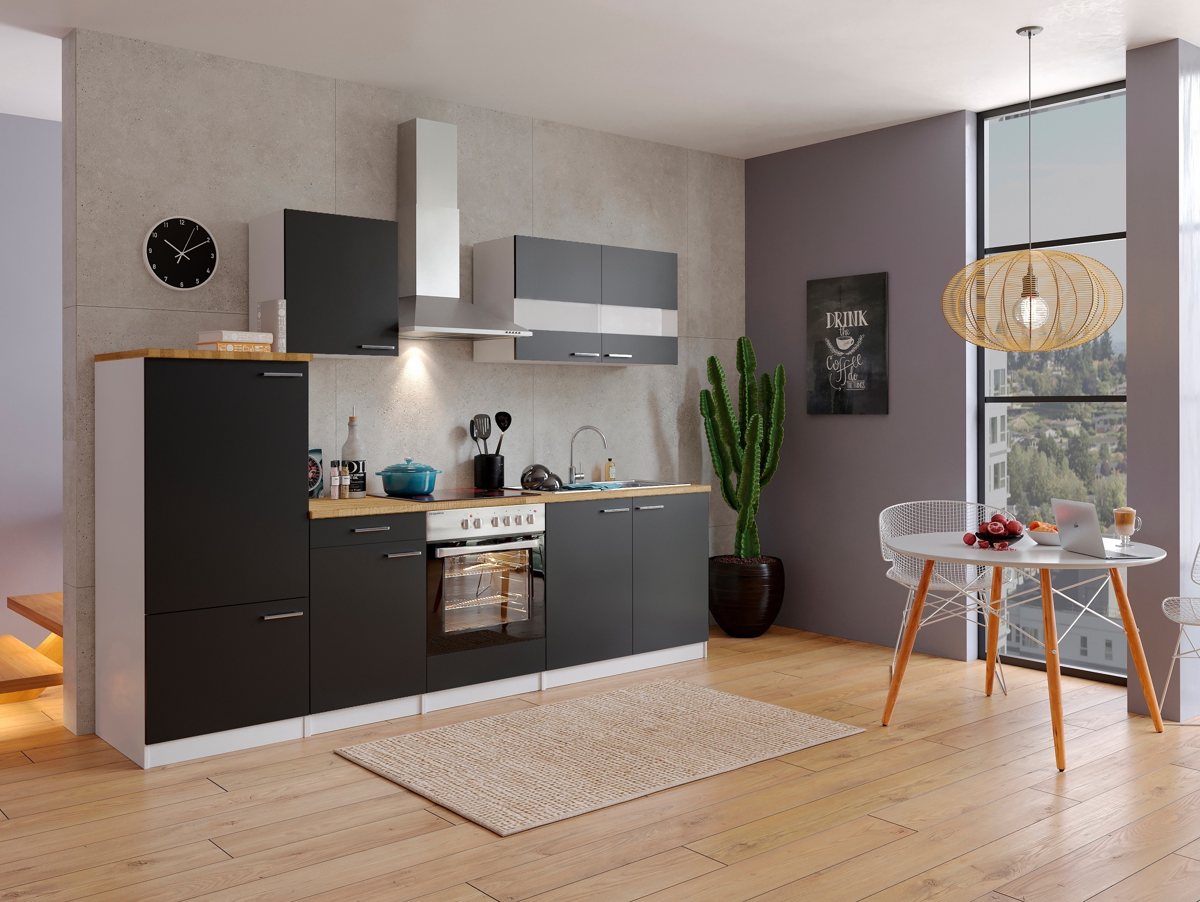 Küche Küchenzeile Leerblock Einbauküche Weiß Schwarz Malia 270 cm Respekta LBKB270WS