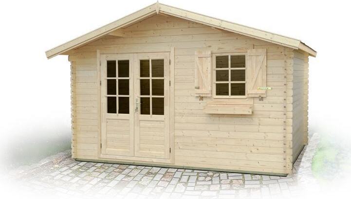 Holz-Gartenhaus 3,98 x 3,98 Meter (inkl. Dach) | Naturbelassen | Satteldach | 44 mm Blockbohlen-Haus