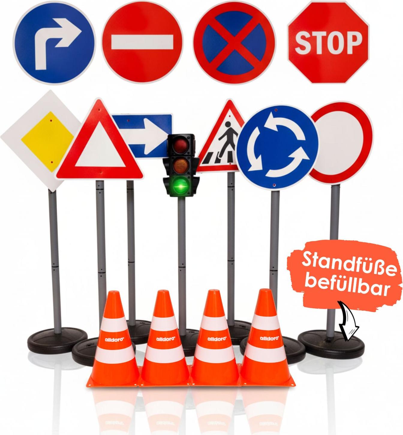 alldoro XXL-Verkehrsset mit funktionierender Ampel, 10 Verkehrsschildern und Pylonen - Komplette Verkehrsschule für Kinder 60230