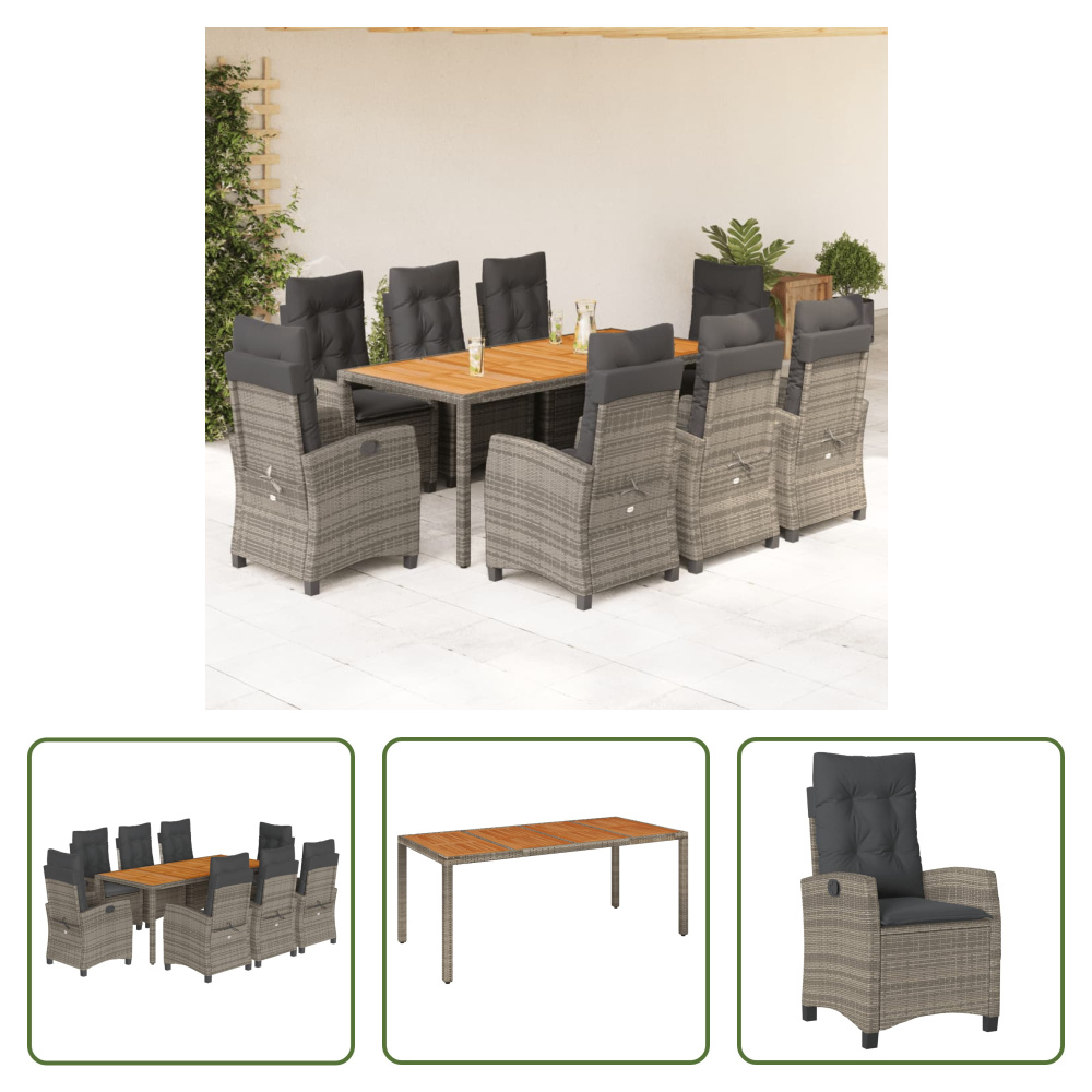 The Living Store 9-dielny záhradný jedálenský set s vankúšmi sivý polyratan