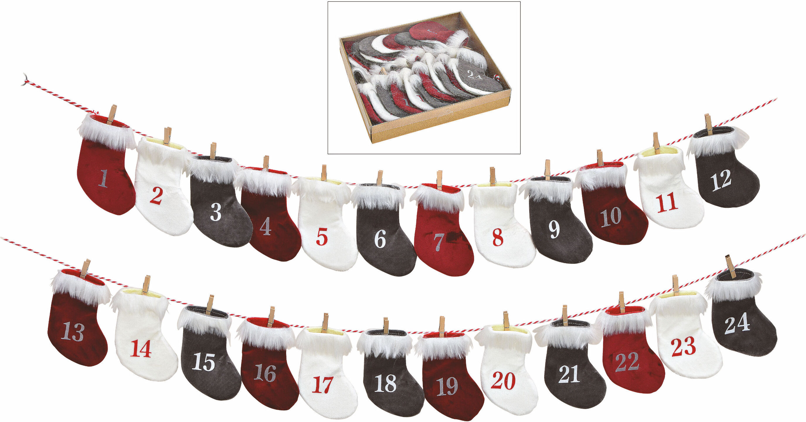 Adventný kalendár Ponožky s plyšom - adventná reťaz na šnúrke s klipmi