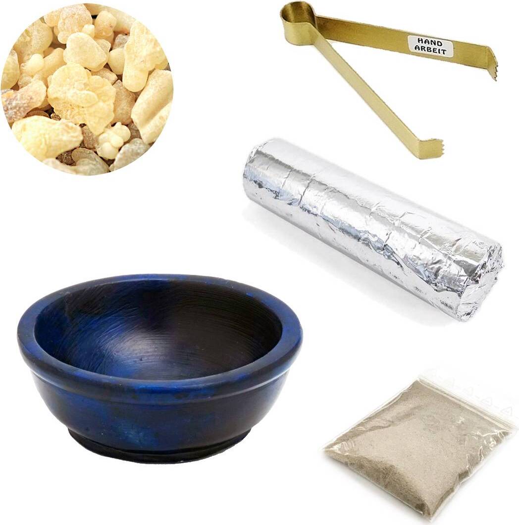 NKlaus 5tlg.Räucherset Räucherschale Rauchgefäß mit 50g Boswellia Weihrauch Kohle Zange
