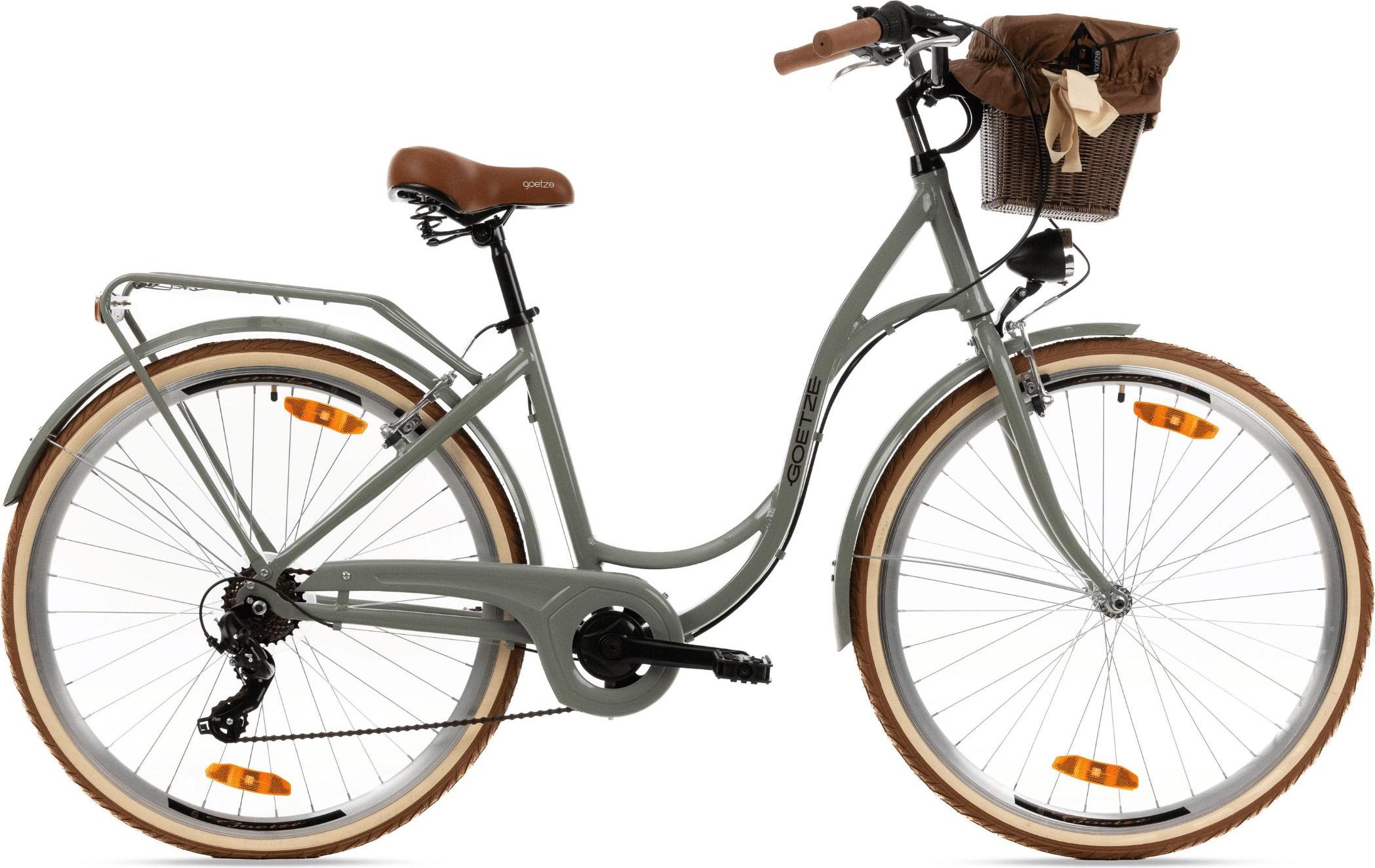 Goetze Bike Goetze Mood 28 Zoll City Bike, 18 Zoll Aluminum Rahmen, 7-Gang Shimano Tourney, V-Bremse, LED-Beleuchtung, Komfortsattel, Rattankorb mit Bezug Goetze Mood 28 | 18 ALU KW