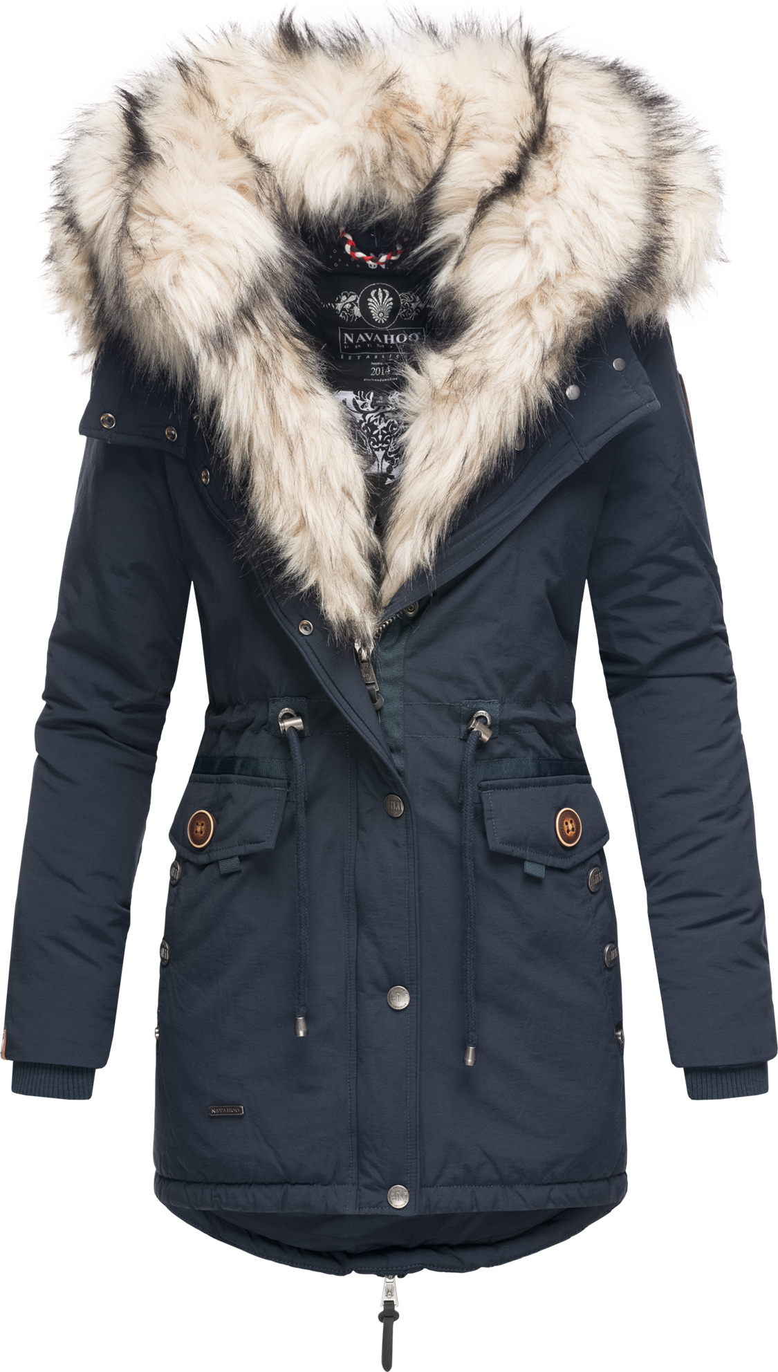 Navahoo Sweety Eleganter Damen Winter Parka mit Kapuze und doppelten Kunstpelzkragen Wintermantel Pelzfrei Vegan Blau Gr. 34 - XS