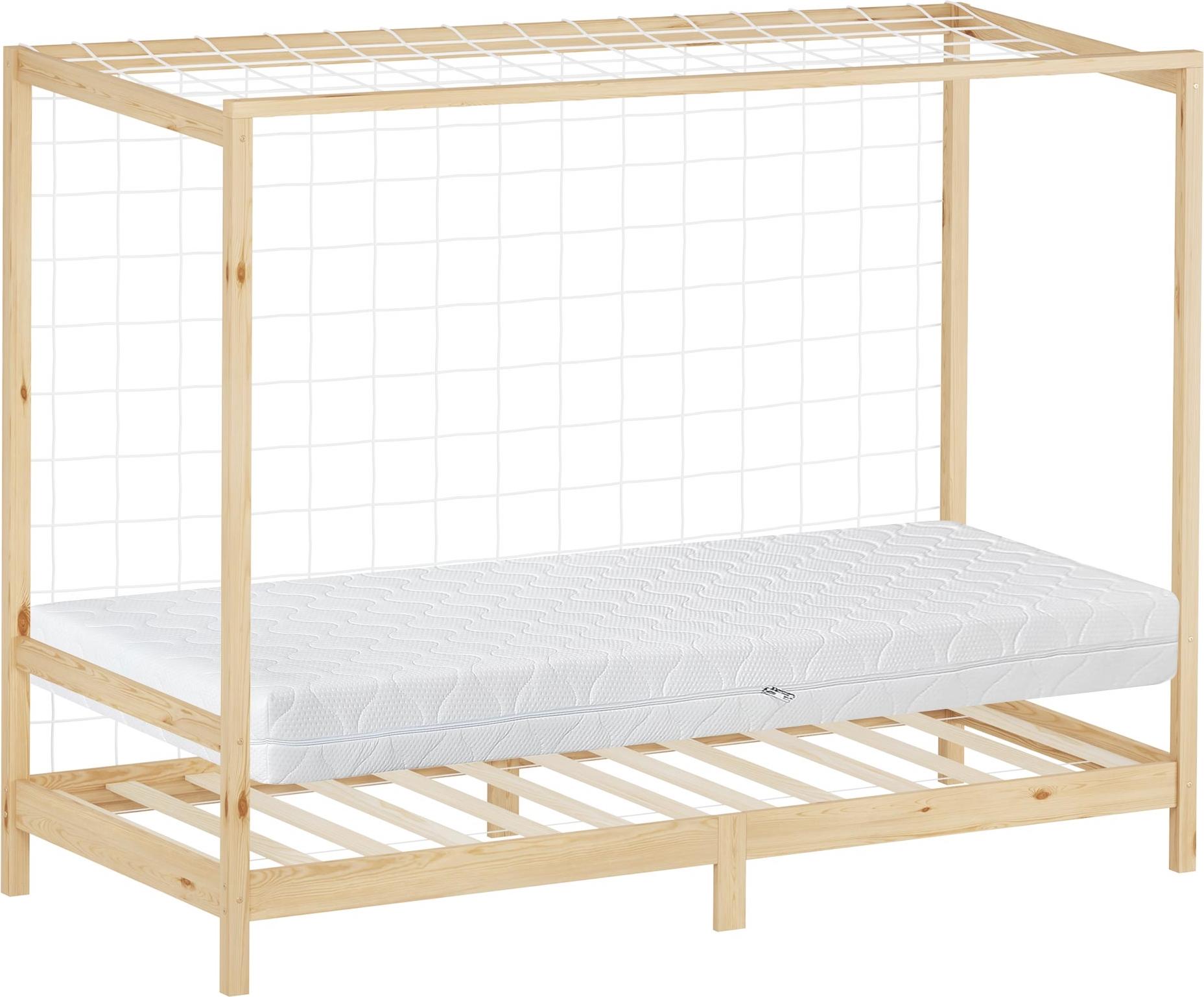 ML-Design Kinderbett Fußballtor 90x200 cm Einzelbett mit Matratze H:16cm Natur Holzbett mit Lattenrost & Netz Jugendbett aus Kiefernholz Handballtor 490017850