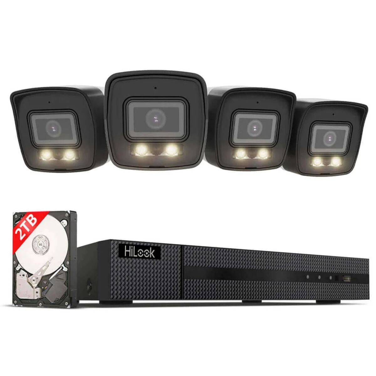 Hilook set vonkajších monitorovacích kamier 4x 8 MP/4K bullet kamera SD slot na kartu nočné videnie vo farbe, AI detekcia osôb/vozidiel 8-kanálový NVR, 2 TB HDD