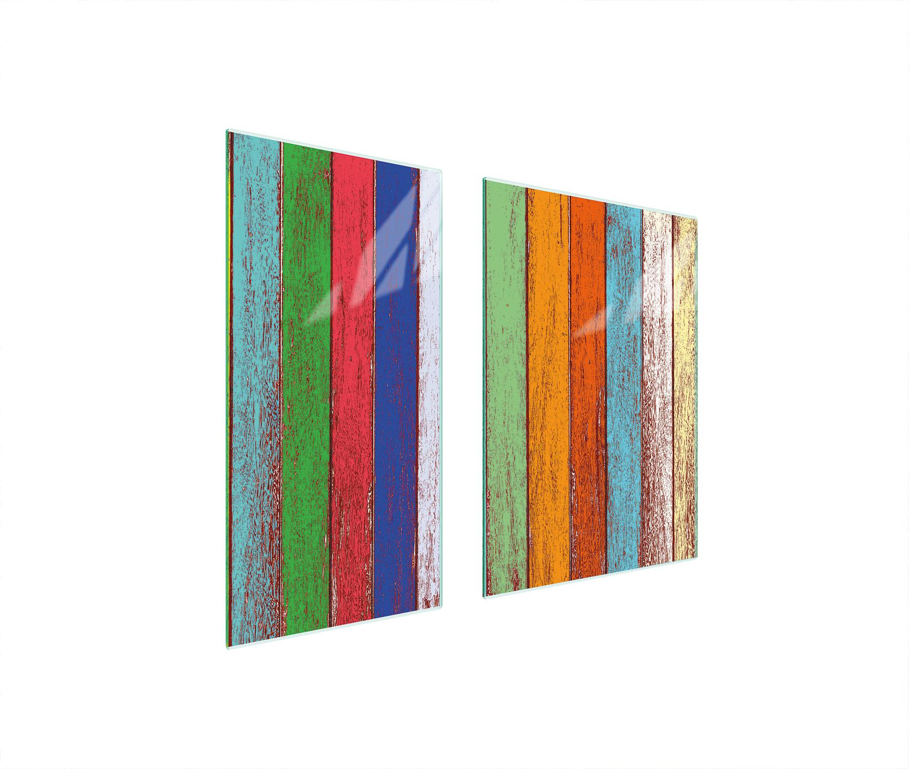 TMK ArtDeko Herdabdeckplatten 2 teilig 75x52 Ceranfeld Abdeckung Glas Schneidebrett Holz Bunt