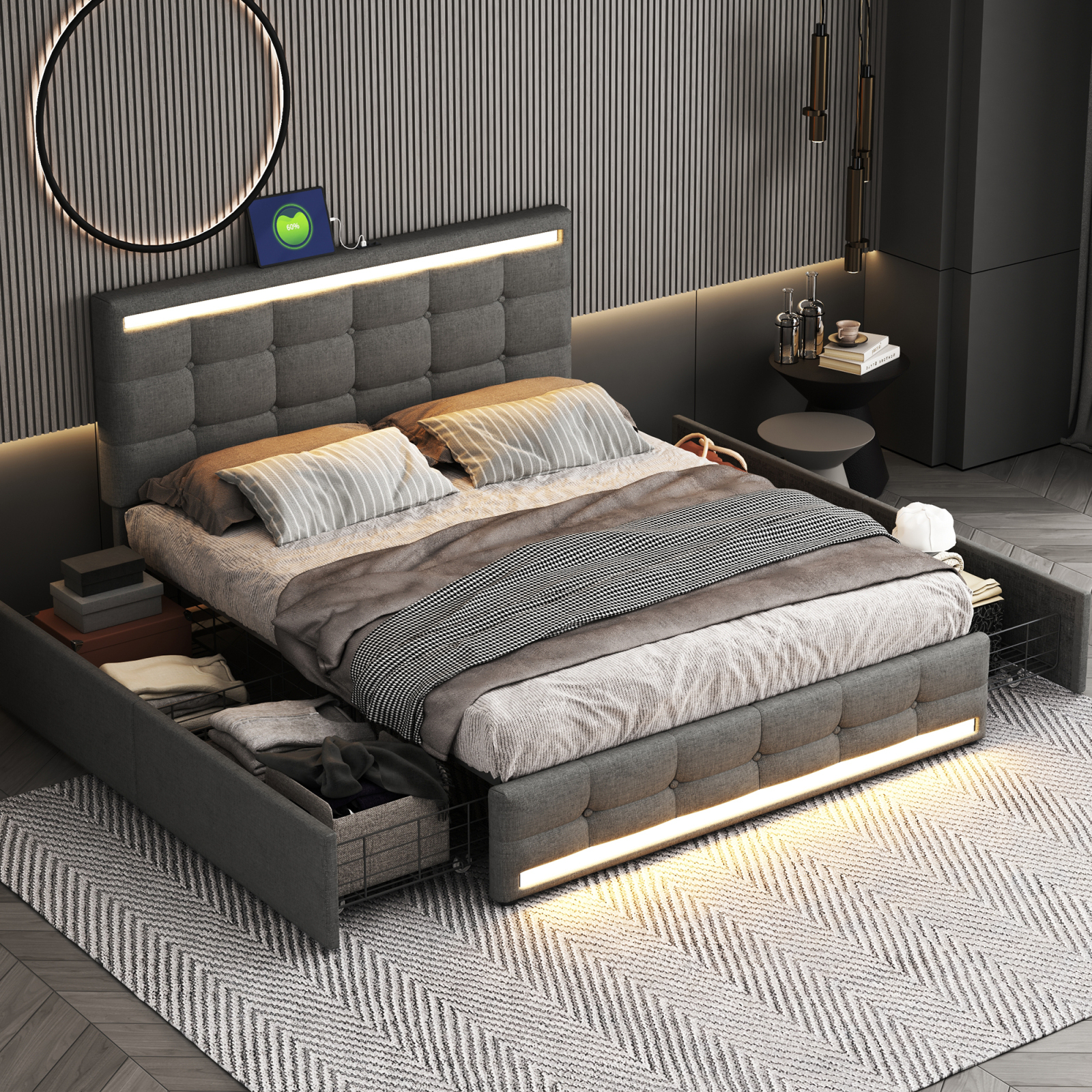 Doppelbett 140 x 200 cm, LED-Beleuchtung, 4 Schubladen, Kopfteil mit USB-Anschluss, grauer Leinenstoff