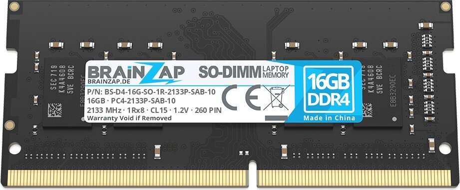BRAINZAP 16GB DDR4 RAM SO-DIMM PC4-2133P-SAB-10 1Rx8 2133 MHz 1.2V CL15 Notebook Laptop Arbeitsspeicher Unbuffered Non-ECC BS-D4-16G-SO-1R-2133P-SAB-10