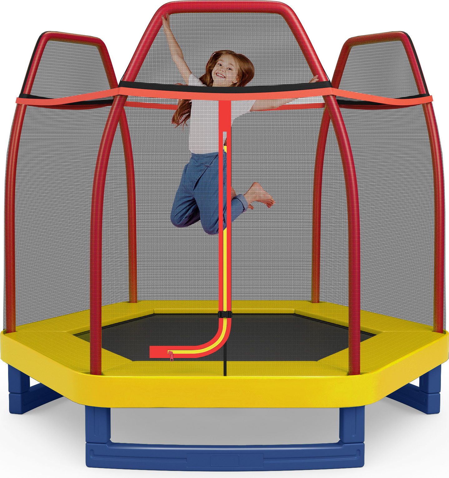 COSTWAY Ø223cm záhradná trampolína s bezpečnostnou sieťou, detská trampolína s nosnosťou do 150 kg Oranžová