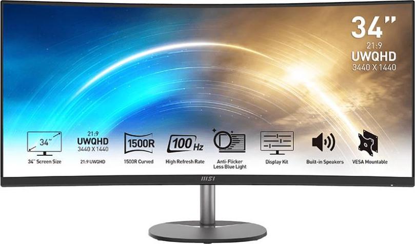 MSI PRO MP341CQDE, 86,4 cm (34"), 3440 x 1440 px, UltraWide Quad HD, 4 ms, Čierna