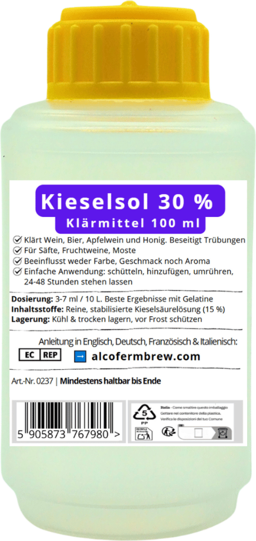 Alcofermbrew Kieselsol 30% - 100ml Klärmittel, Schnelle 24h Klärung und Sedimentation für Wein, Bier und Maische