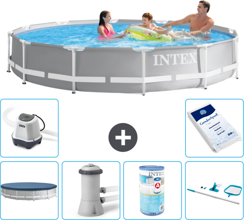 Bazén Intex s okrúhlym hranolovým rámom - 366 x 76 cm - sivý - vrátane krytu - filtračné čerpadlo pre bazén - filter - čistiaca súprava - systém slanej vody - bazénová soľ