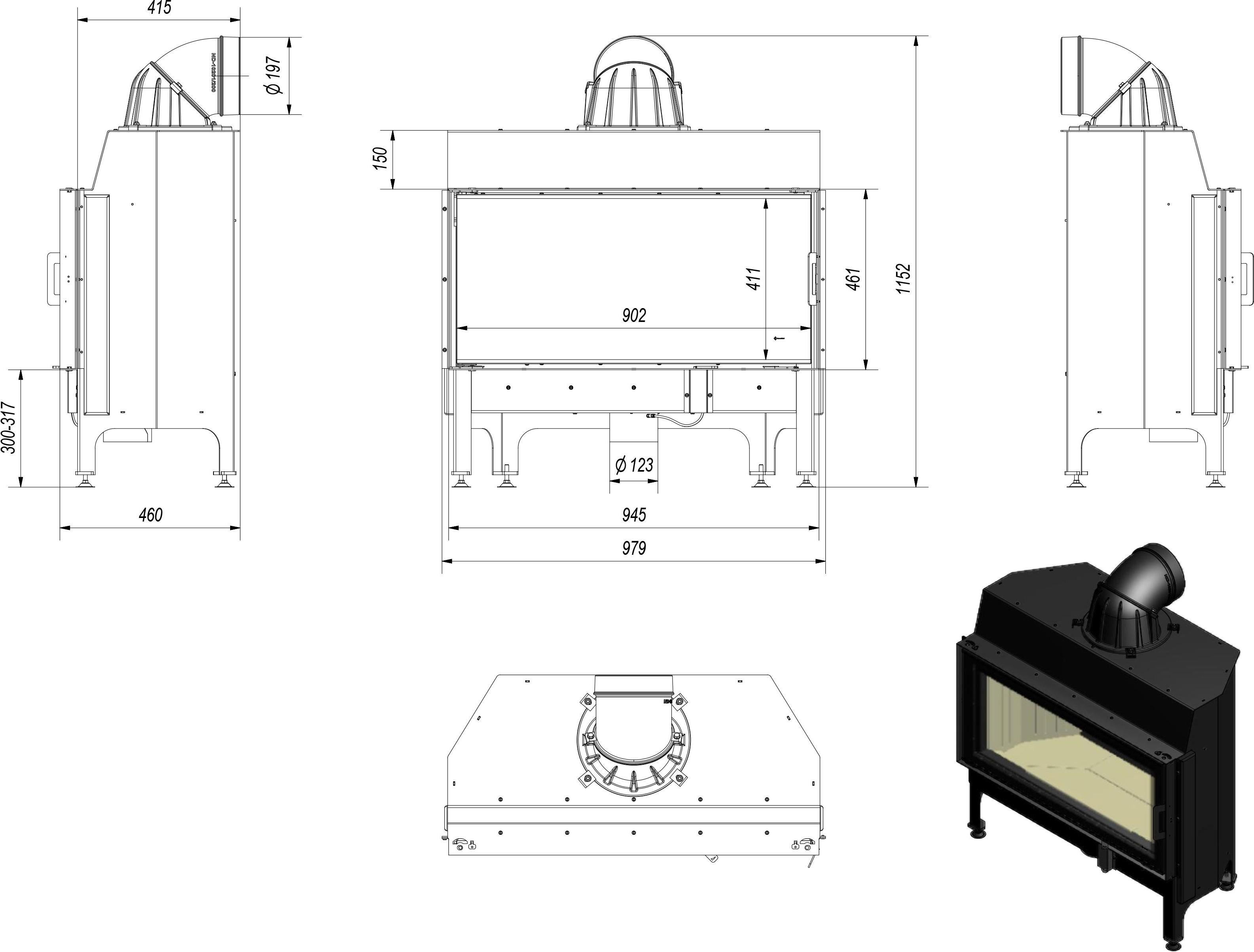 Oceľový krb KRATKI NADIA 14 kW Ø 200 samozatváracie dvierka